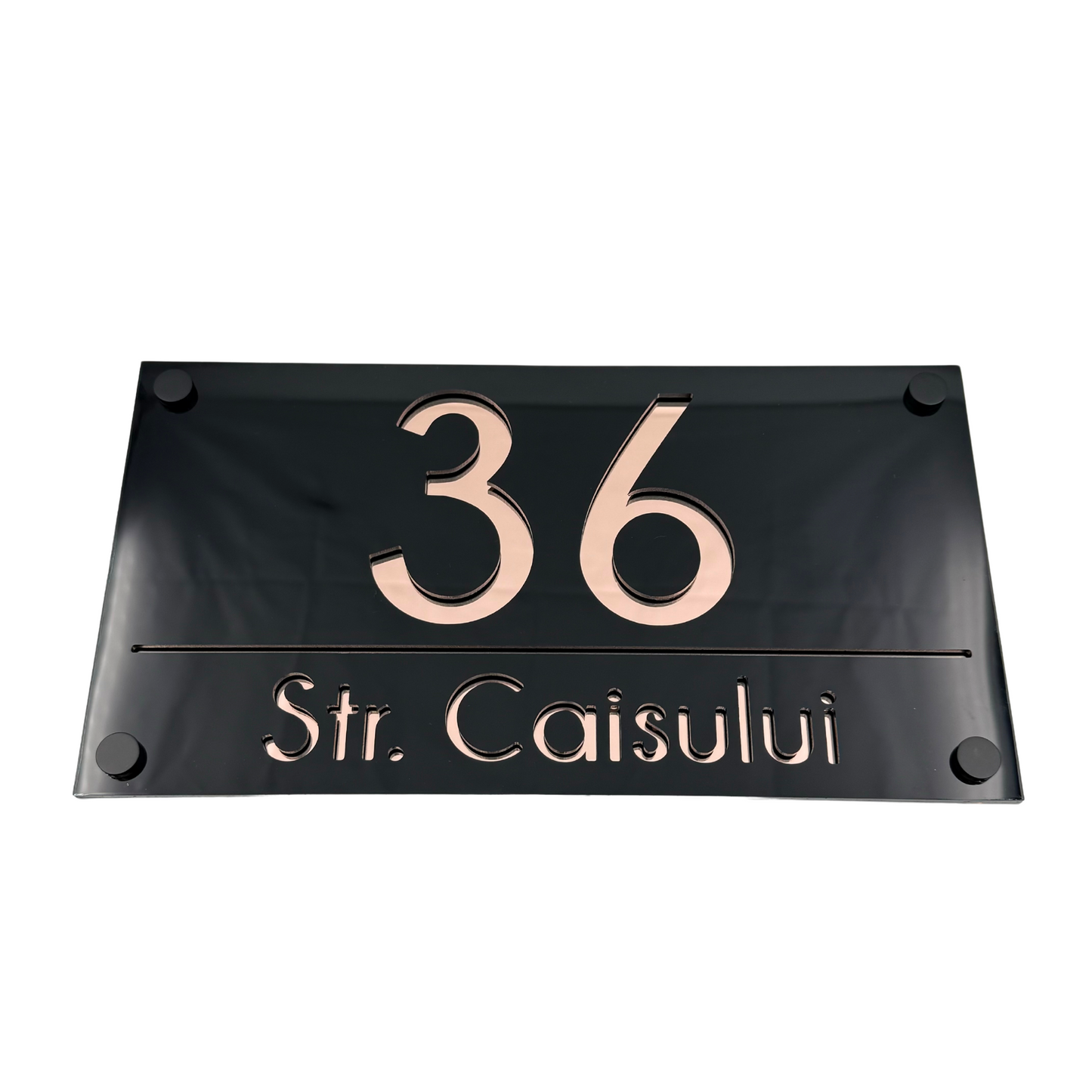 PREMIUM HOUSE NUMBER - Glossy Black Rose Gold Mirror 4 Spacers NeGreyi - 28×15 cm