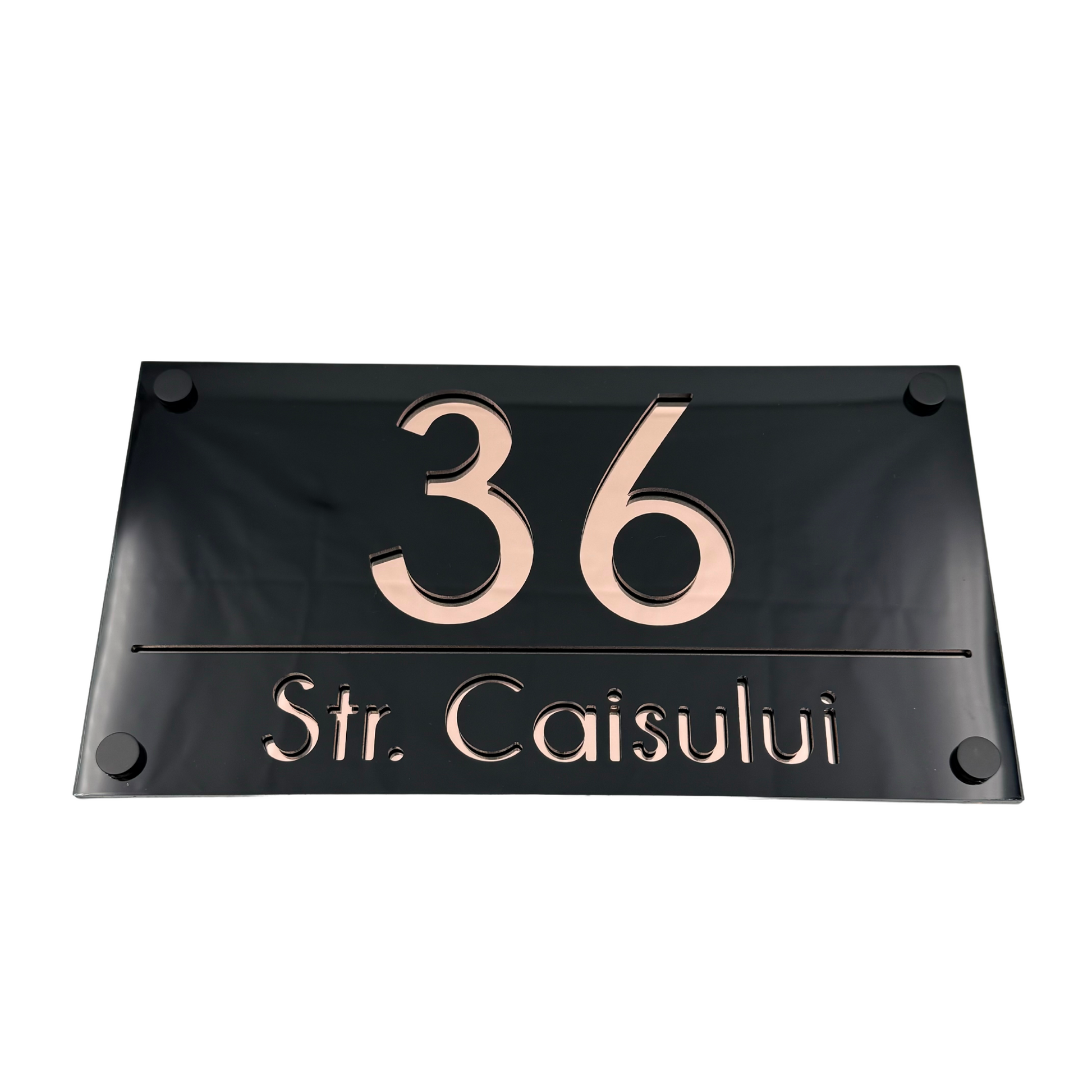 PREMIUM HOUSE NUMBER - Glossy Black Rose Gold Mirror 4 Spacers NeGreyi - 28×15 cm