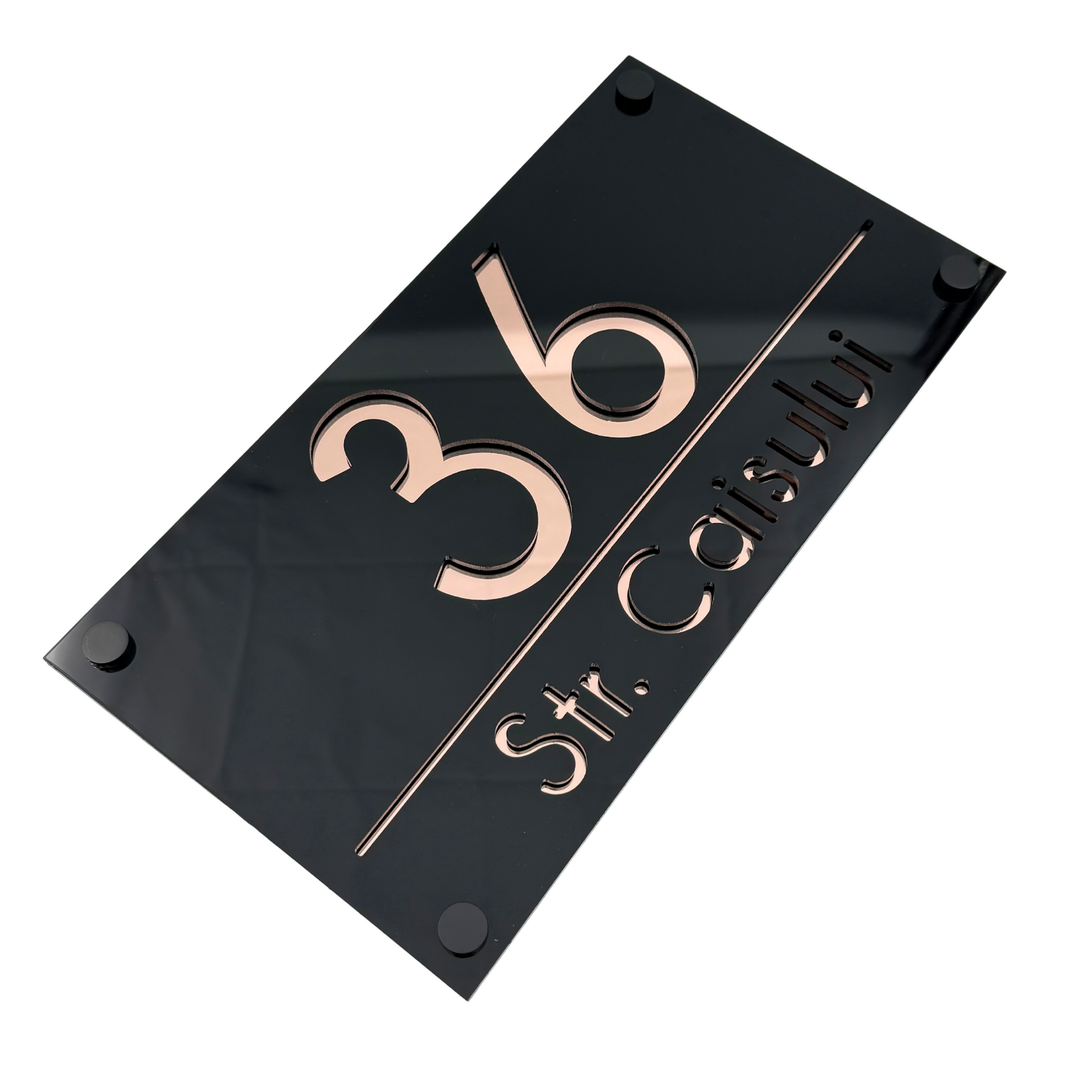 PREMIUM HOUSE NUMBER - Glossy Black Rose Gold Mirror 4 Spacers NeGreyi - 28×15 cm