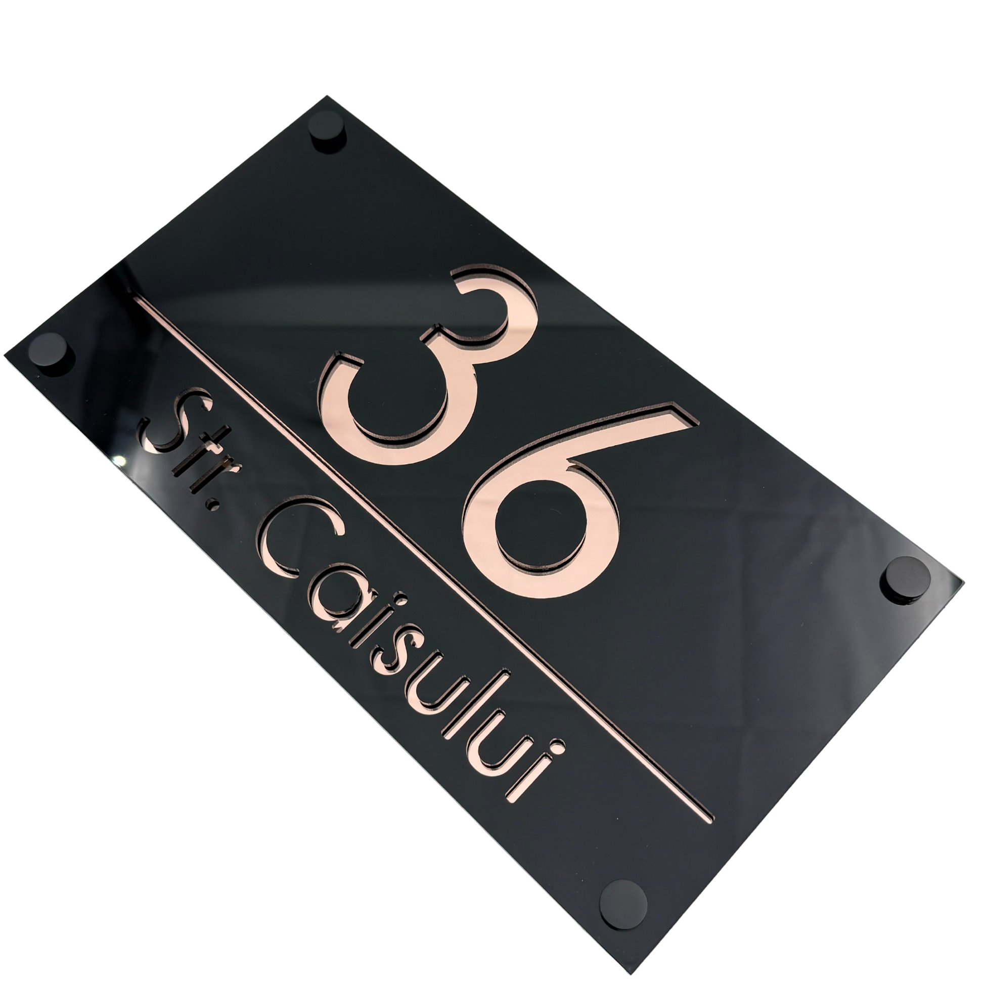 PREMIUM HOUSE NUMBER - Glossy Black Rose Gold Mirror 4 Spacers NeGreyi - 28×15 cm
