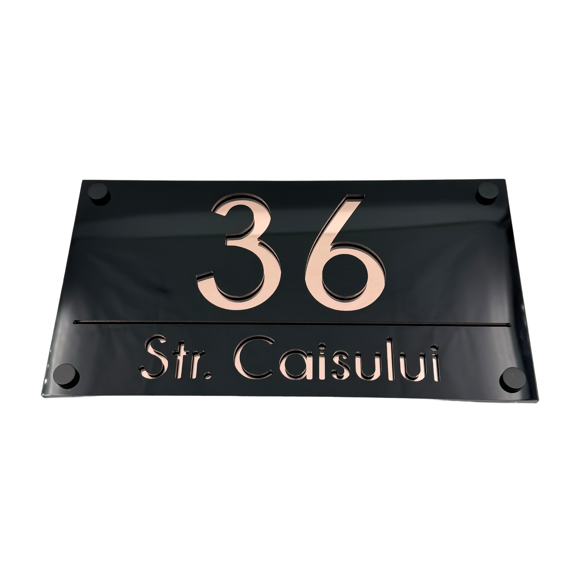 PREMIUM HOUSE NUMBER - Glossy Black Rose Gold Mirror 4 Spacers NeGreyi - 28×15 cm