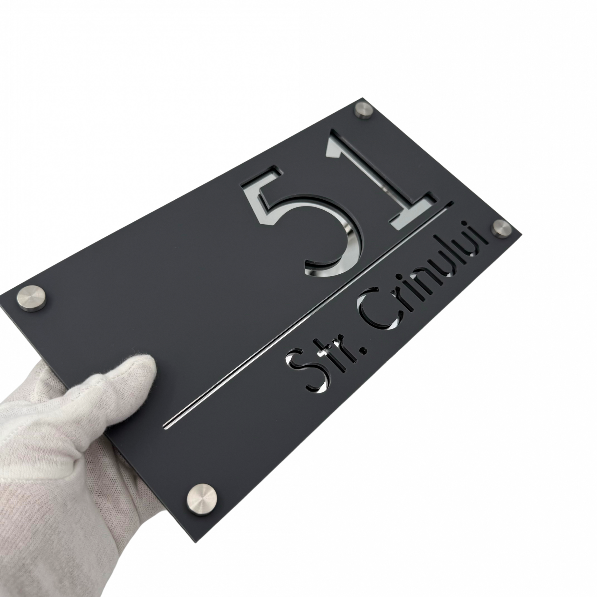 PREMIUM HOUSE NUMBER - Satin Grey Silver Mirror 4 Spacers Silver - 28×15 cm