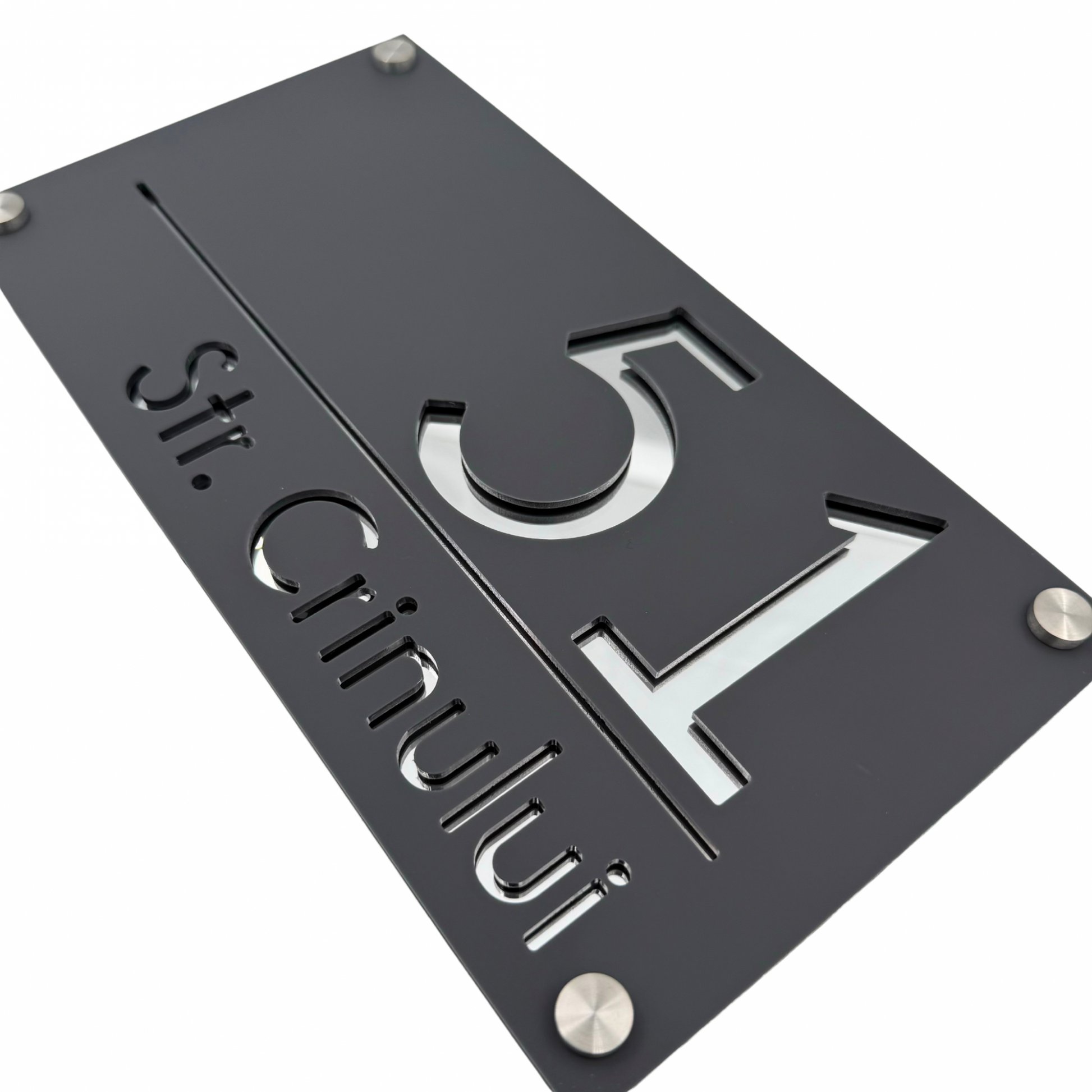 PREMIUM HOUSE NUMBER - Satin Grey Silver Mirror 4 Spacers Silver - 28×15 cm