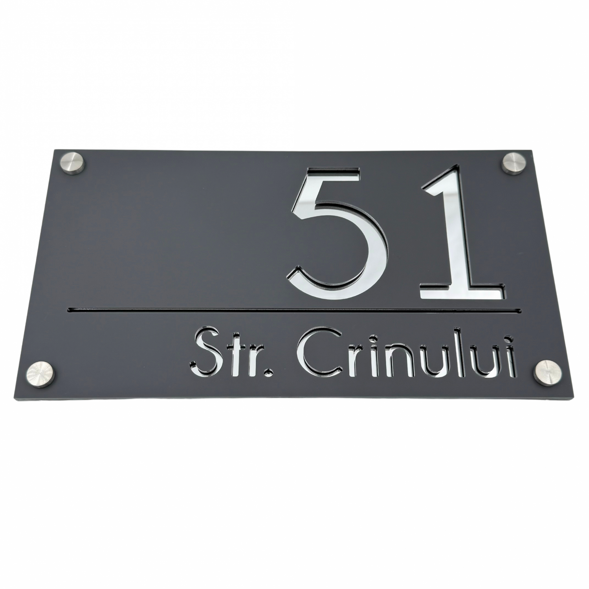 PREMIUM HOUSE NUMBER - Satin Grey Silver Mirror 4 Spacers Silver - 28×15 cm
