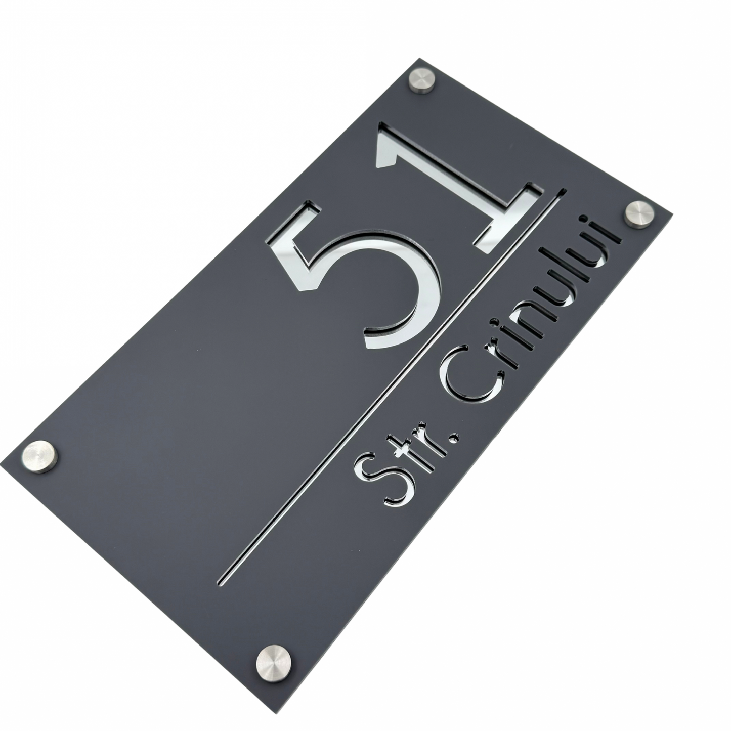 PREMIUM HOUSE NUMBER - Satin Grey Silver Mirror 4 Spacers Silver - 28×15 cm