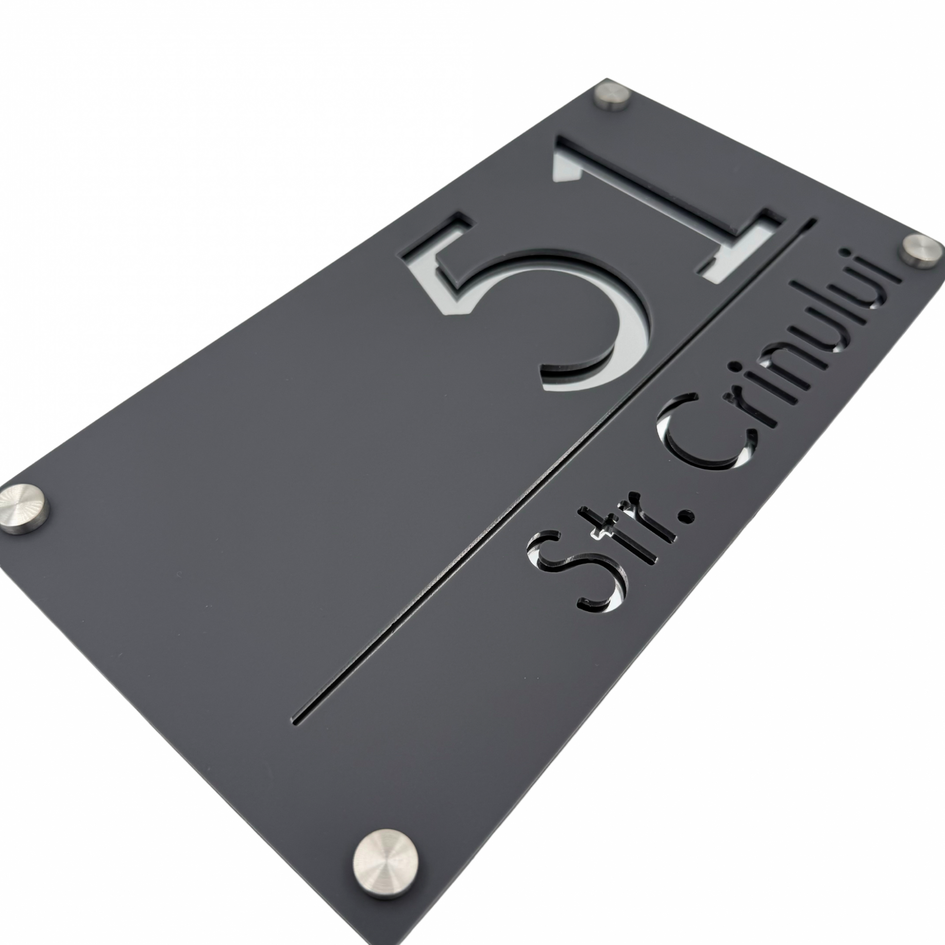 PREMIUM HOUSE NUMBER - Satin Grey Silver Mirror 4 Spacers Silver - 28×15 cm