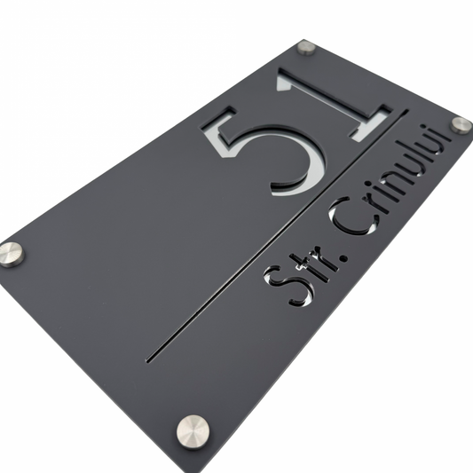 PREMIUM HOUSE NUMBER - Satin Grey Silver Mirror 4 Spacers Silver - 28×15 cm
