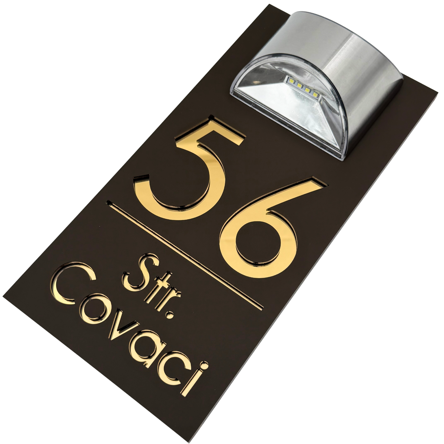 PREMIUM HOUSE NUMBER – Satin Brown Gold Mirror Solar Lamp – 30 x15 cm