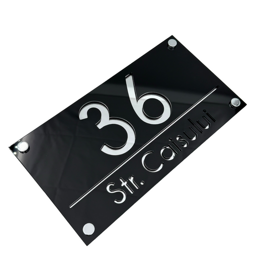 PREMIUM HOUSE NUMBER - Glossy Black Silver Mirror 4 Spacers Silver - 28×15 cm