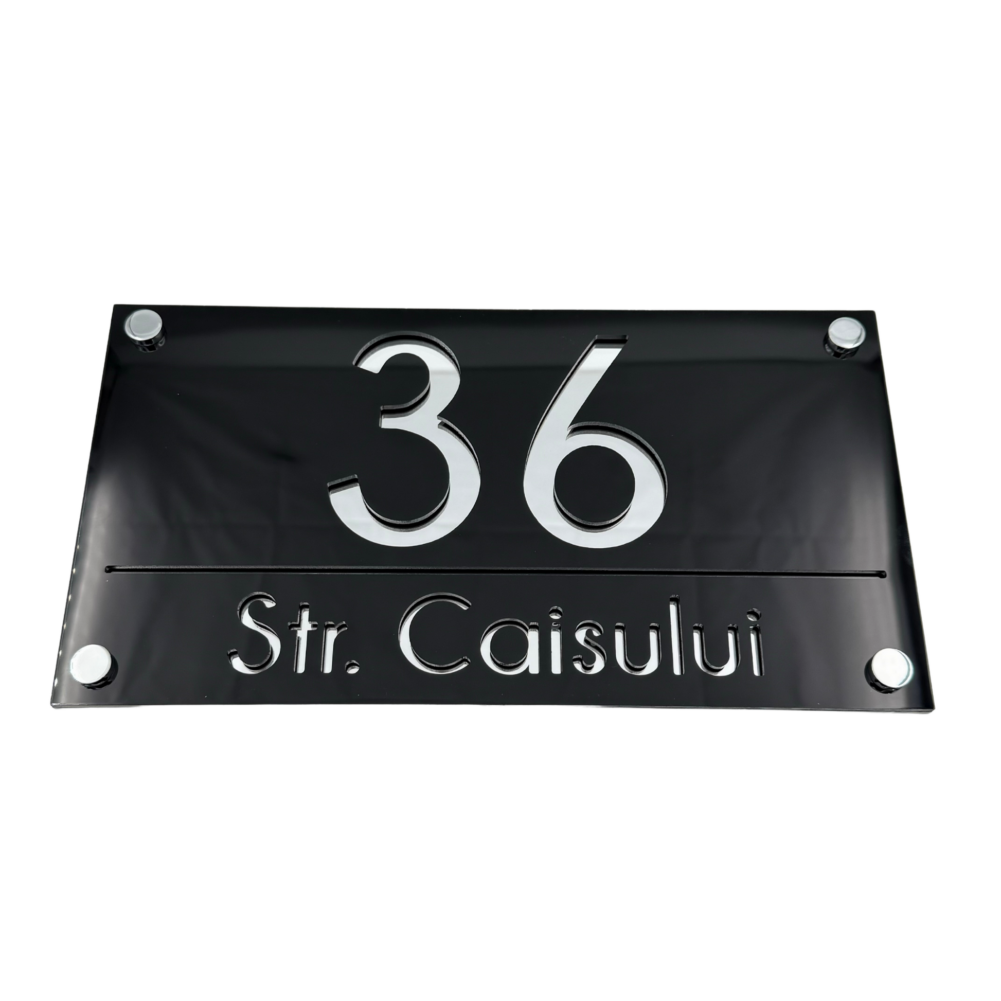 PREMIUM HOUSE NUMBER - Glossy Black Silver Mirror 4 Spacers Silver - 28×15 cm