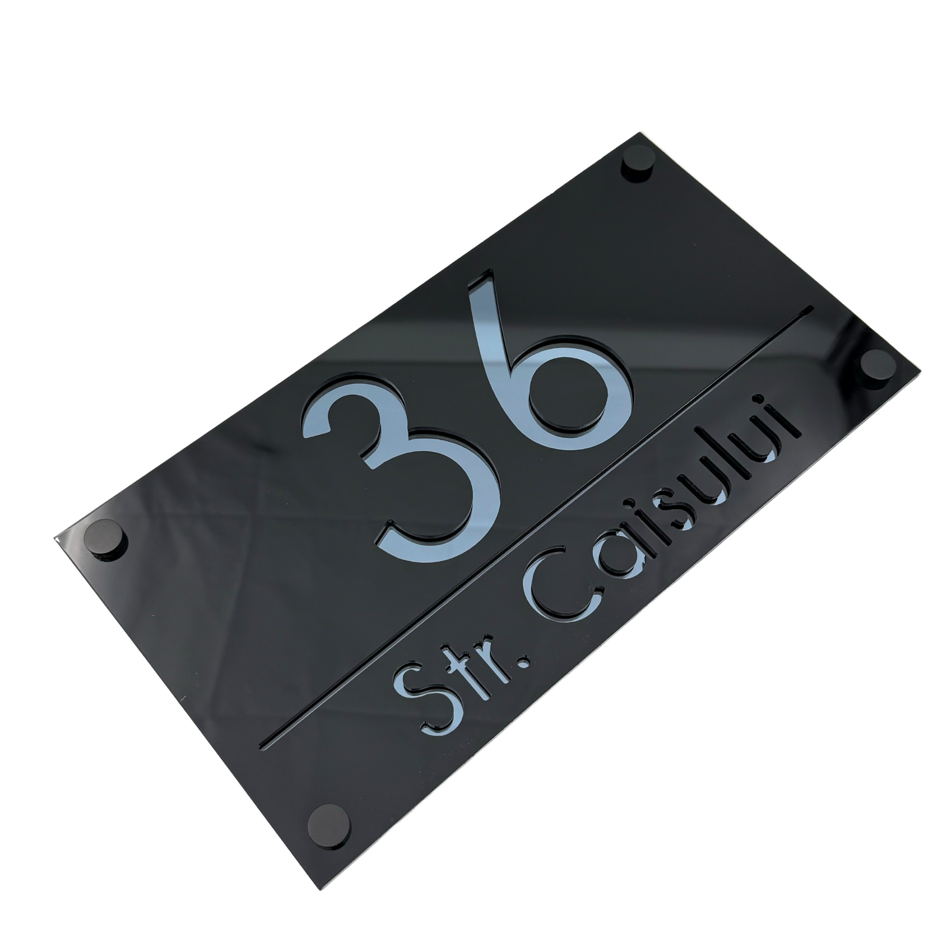 PREMIUM HOUSE NUMBER - Glossy Black Anthracite Grey Mirror 4 Spacers NeGreyi - 28×15 cm