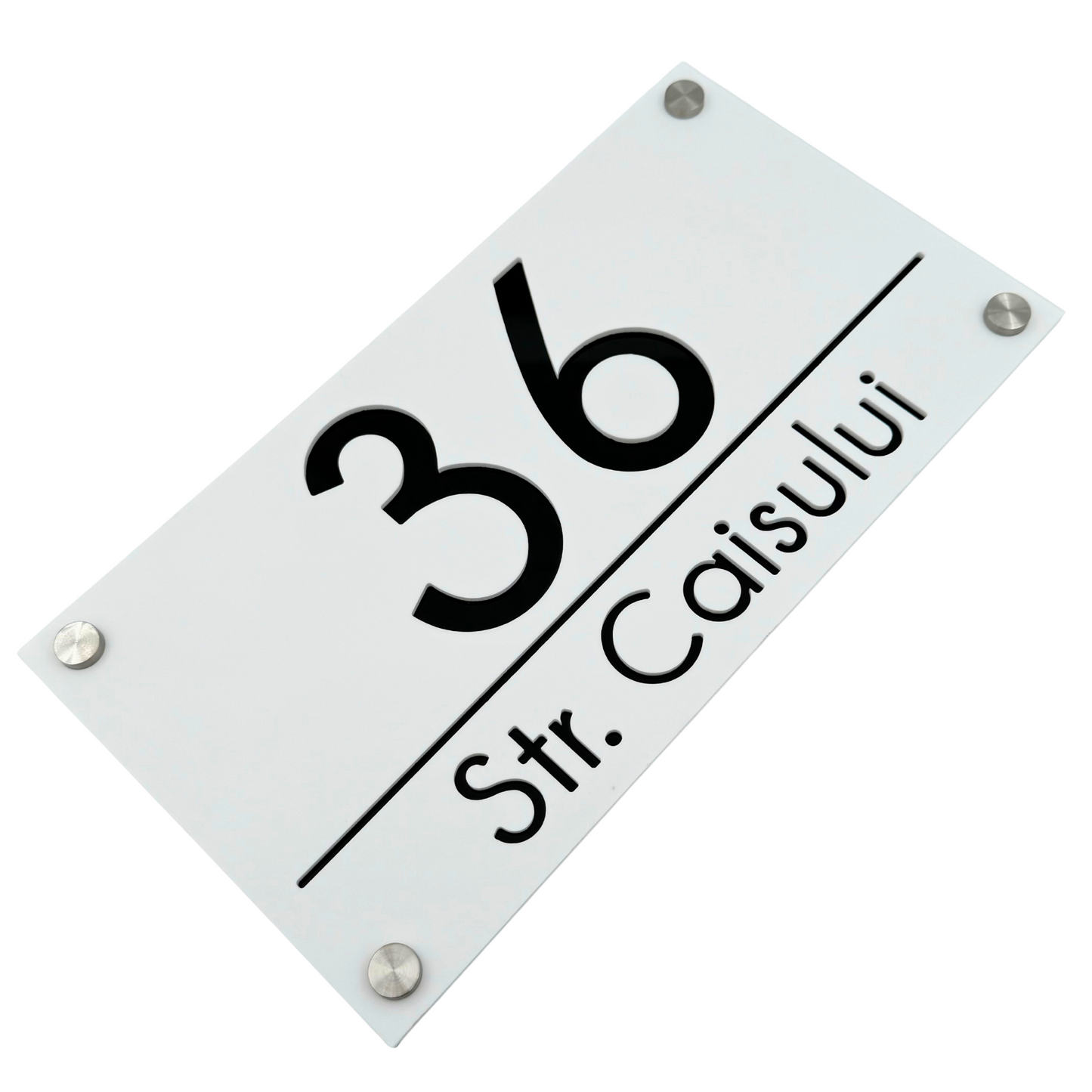PREMIUM HOUSE NUMBER - White Satin Glossy Black 4 Spacers Silver - 28×15 cm