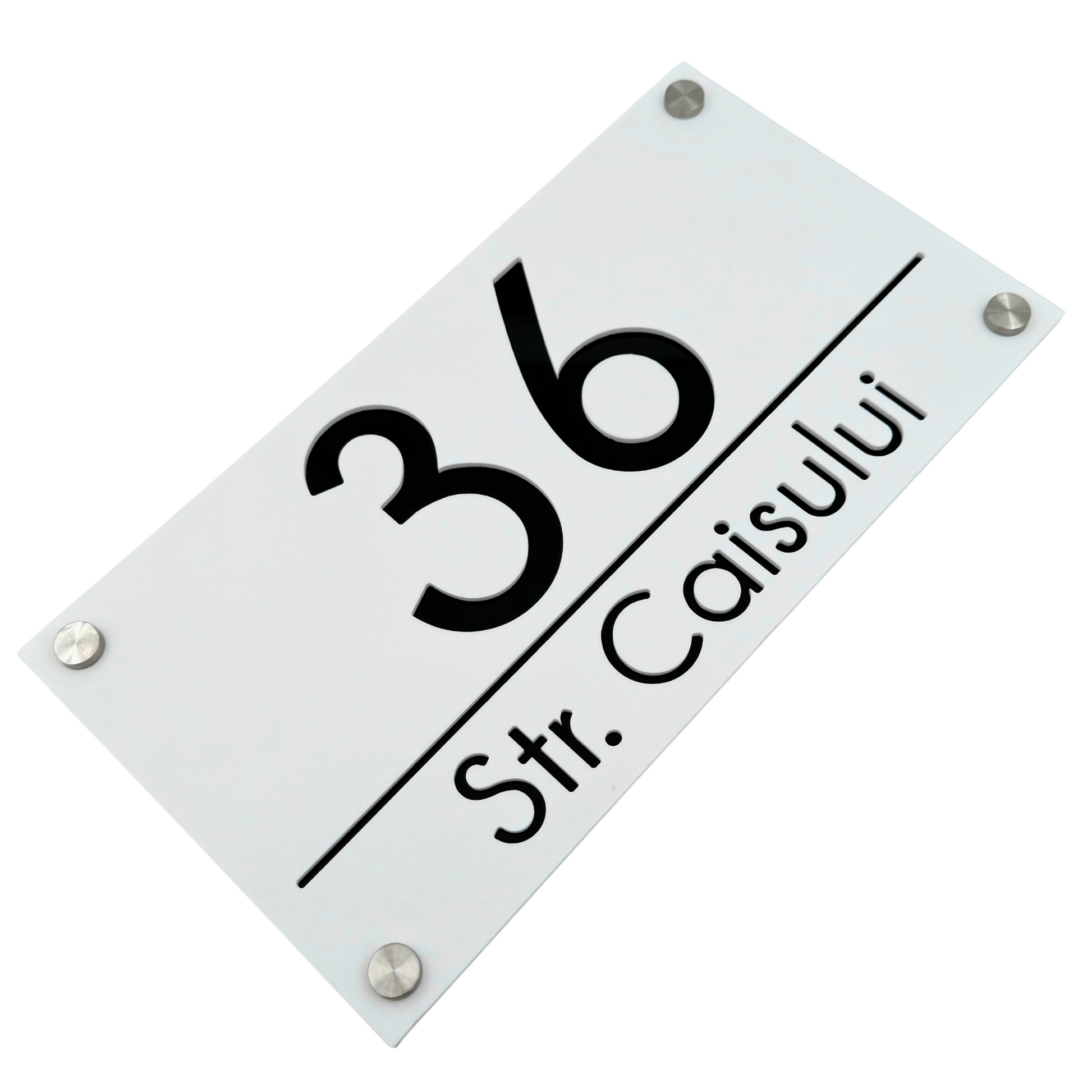 PREMIUM HOUSE NUMBER - White Satin Glossy Black 4 Spacers Silver - 28×15 cm
