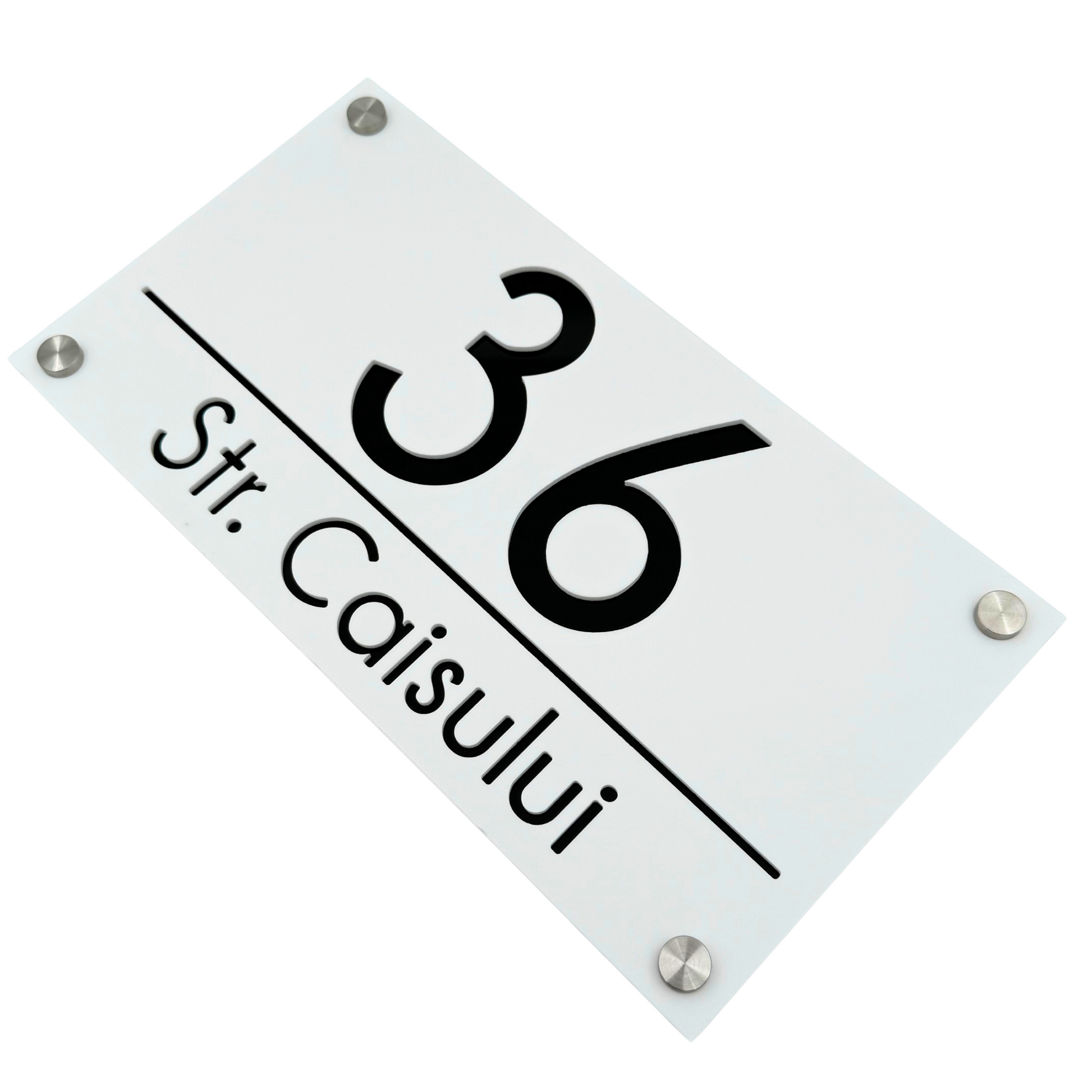 PREMIUM HOUSE NUMBER - White Satin Glossy Black 4 Spacers Silver - 28×15 cm