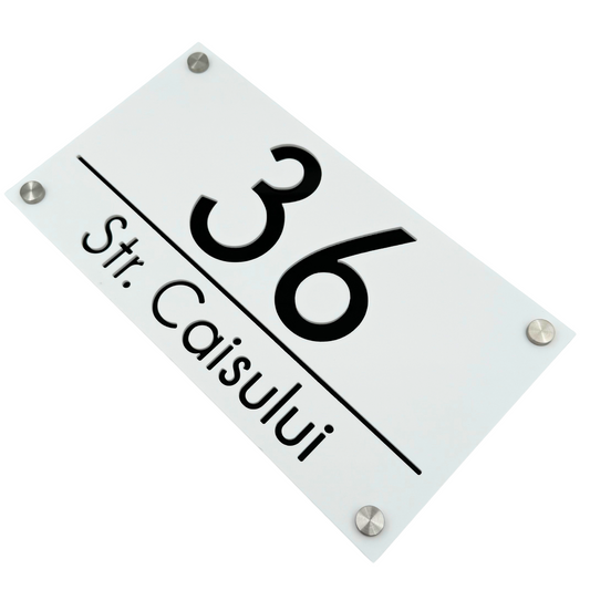 PREMIUM HOUSE NUMBER - White Satin Glossy Black 4 Spacers Silver - 28×15 cm