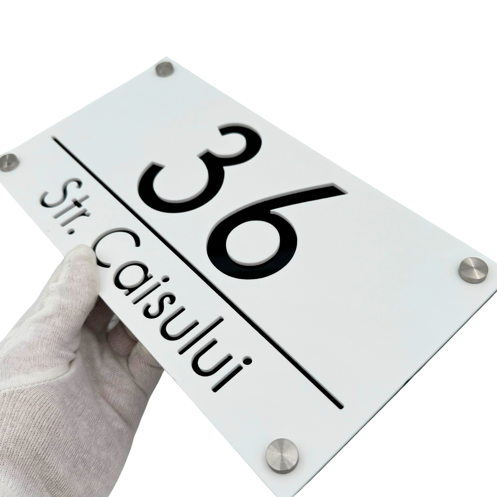 PREMIUM HOUSE NUMBER - White Satin Glossy Black 4 Spacers Silver - 28×15 cm