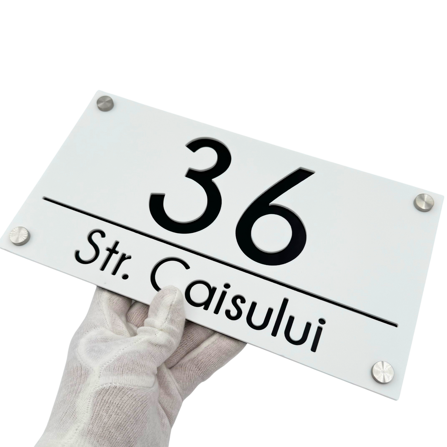 PREMIUM HOUSE NUMBER - White Satin Glossy Black 4 Spacers Silver - 28×15 cm