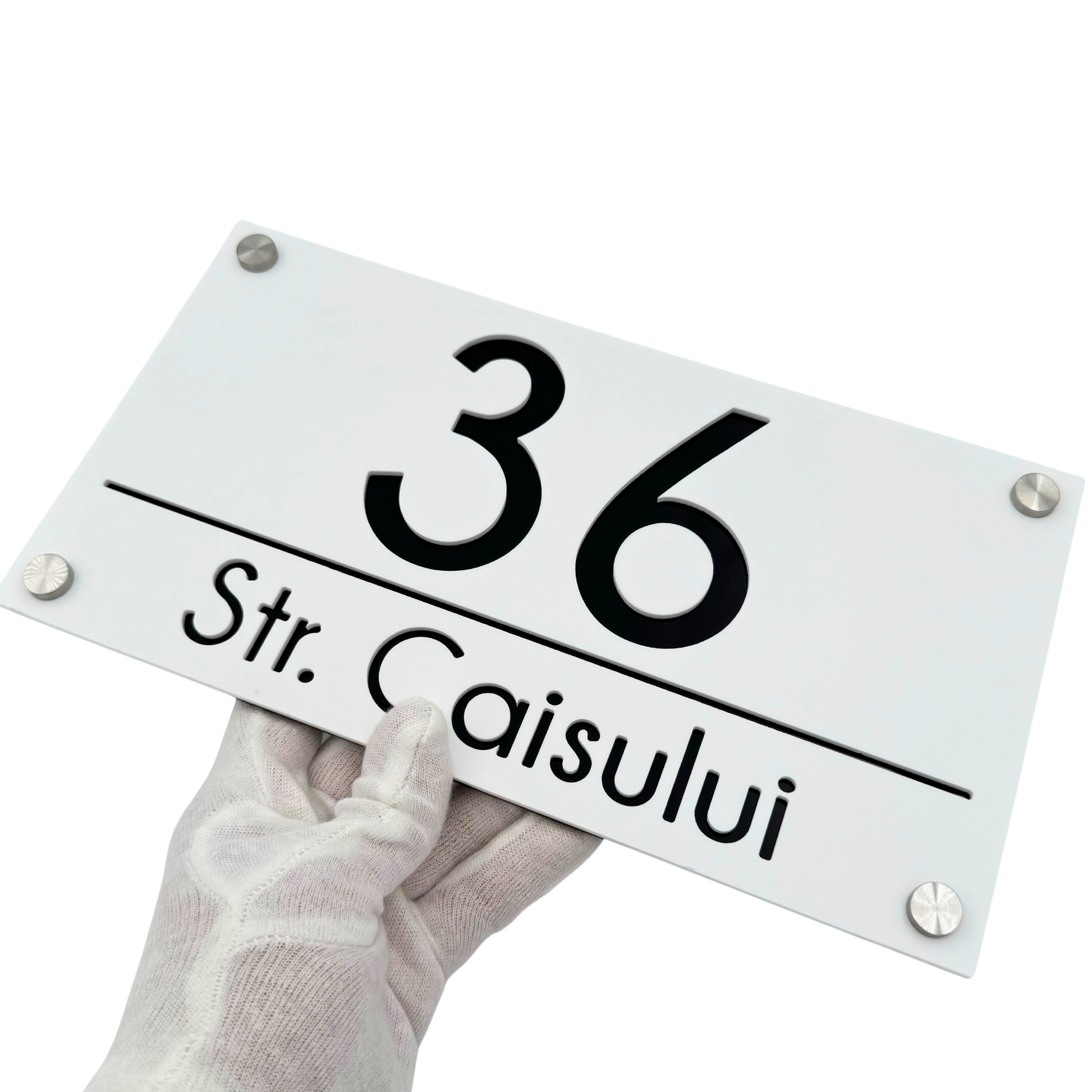 PREMIUM HOUSE NUMBER - White Satin Glossy Black 4 Spacers Silver - 28×15 cm