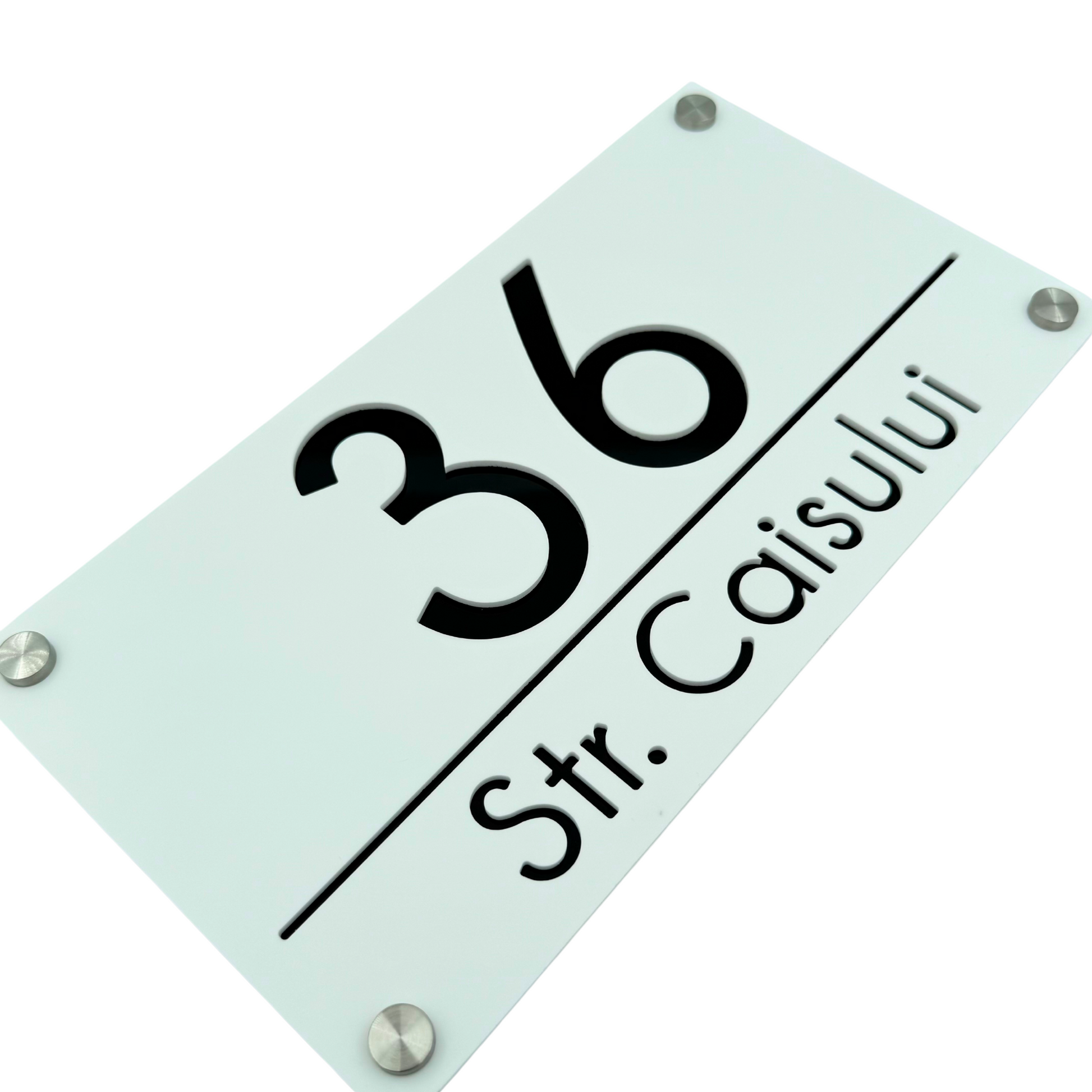 PREMIUM HOUSE NUMBER - White Satin Glossy Black 4 Spacers Silver - 28×15 cm