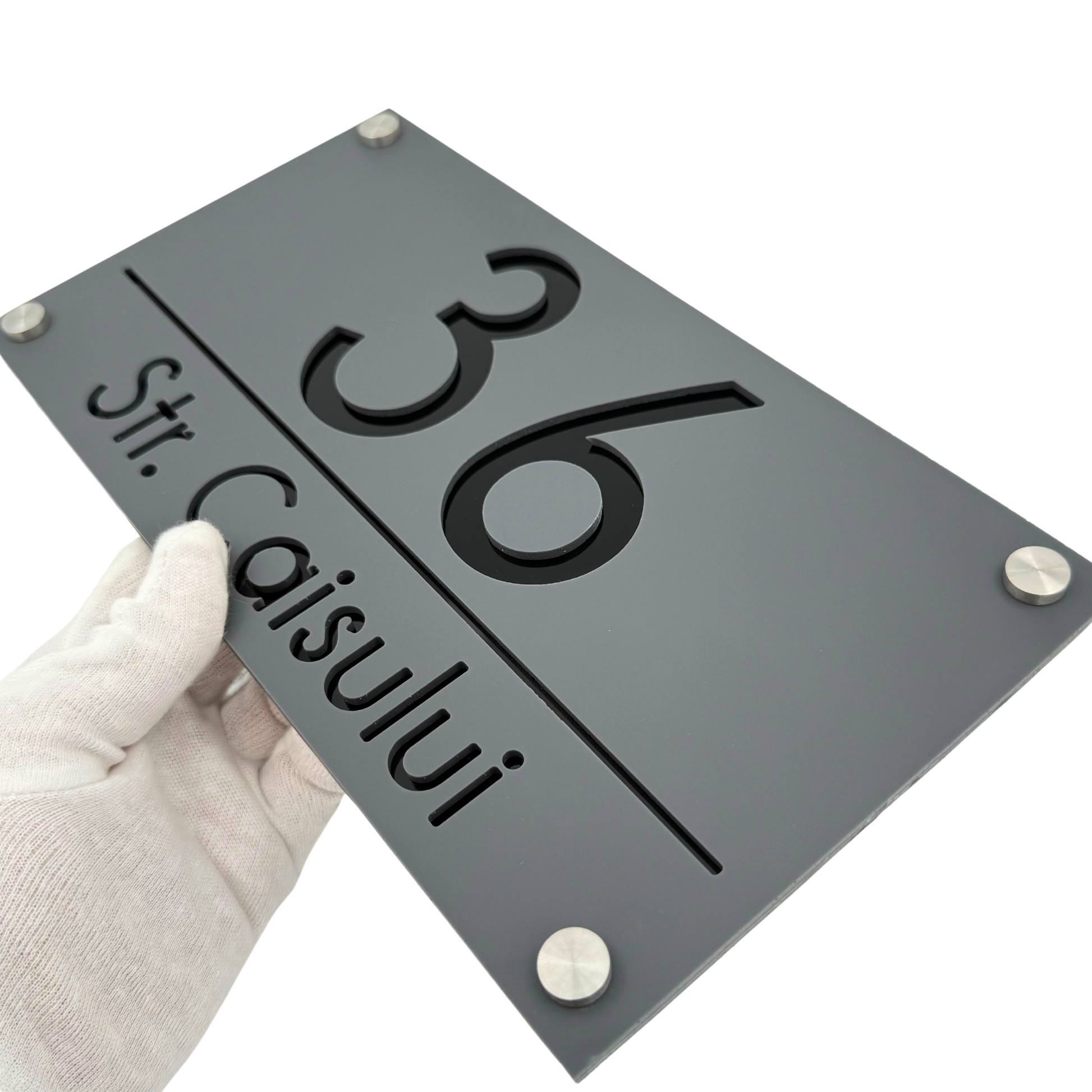 PREMIUM HOUSE NUMBER - Satin Grey Glossy Black 4 Spacers Silver - 28×15 cm