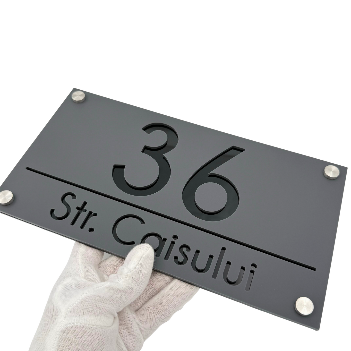 PREMIUM HOUSE NUMBER - Satin Grey Glossy Black 4 Spacers Silver - 28×15 cm