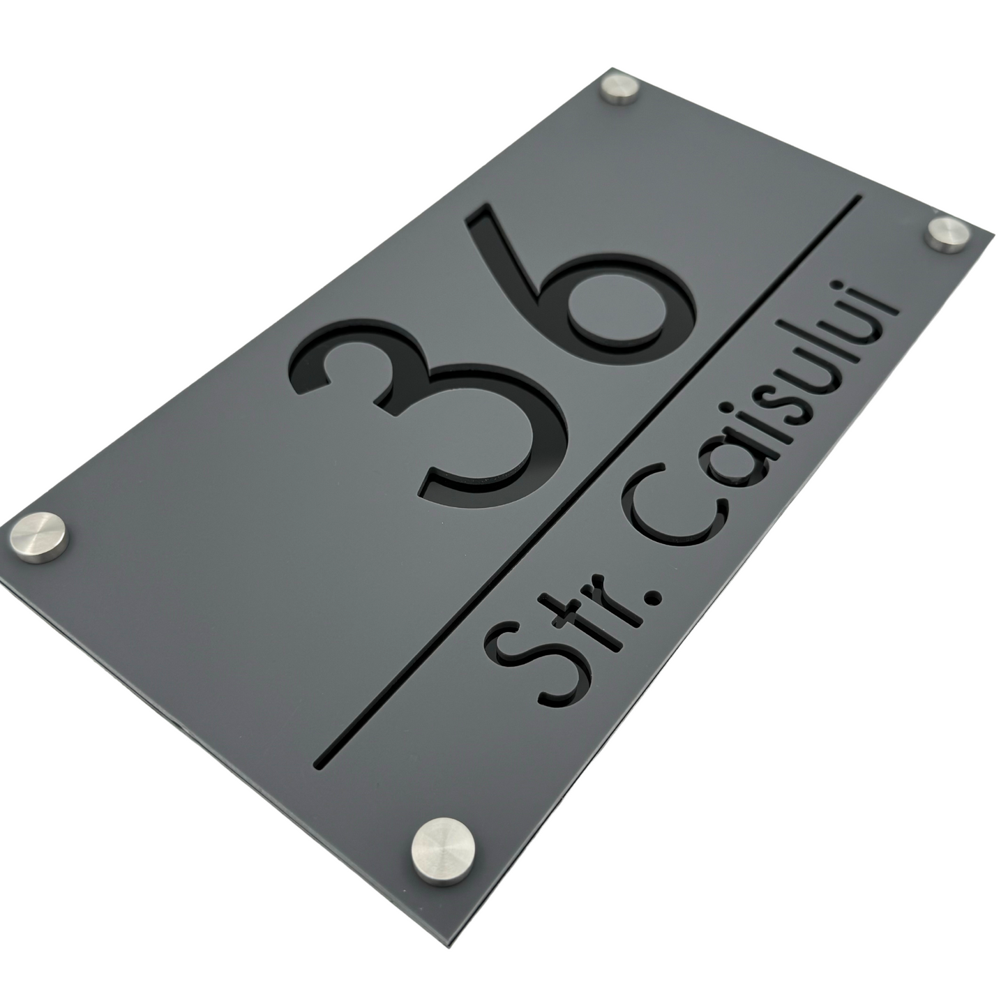 PREMIUM HOUSE NUMBER - Satin Grey Glossy Black 4 Spacers Silver - 28×15 cm