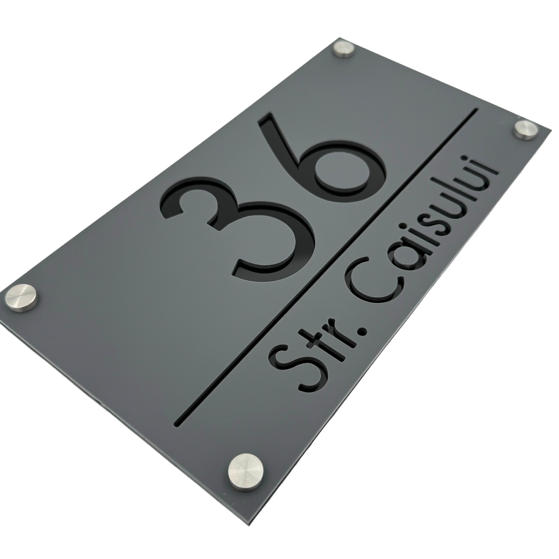 PREMIUM HOUSE NUMBER - Satin Grey Glossy Black 4 Spacers Silver - 28×15 cm
