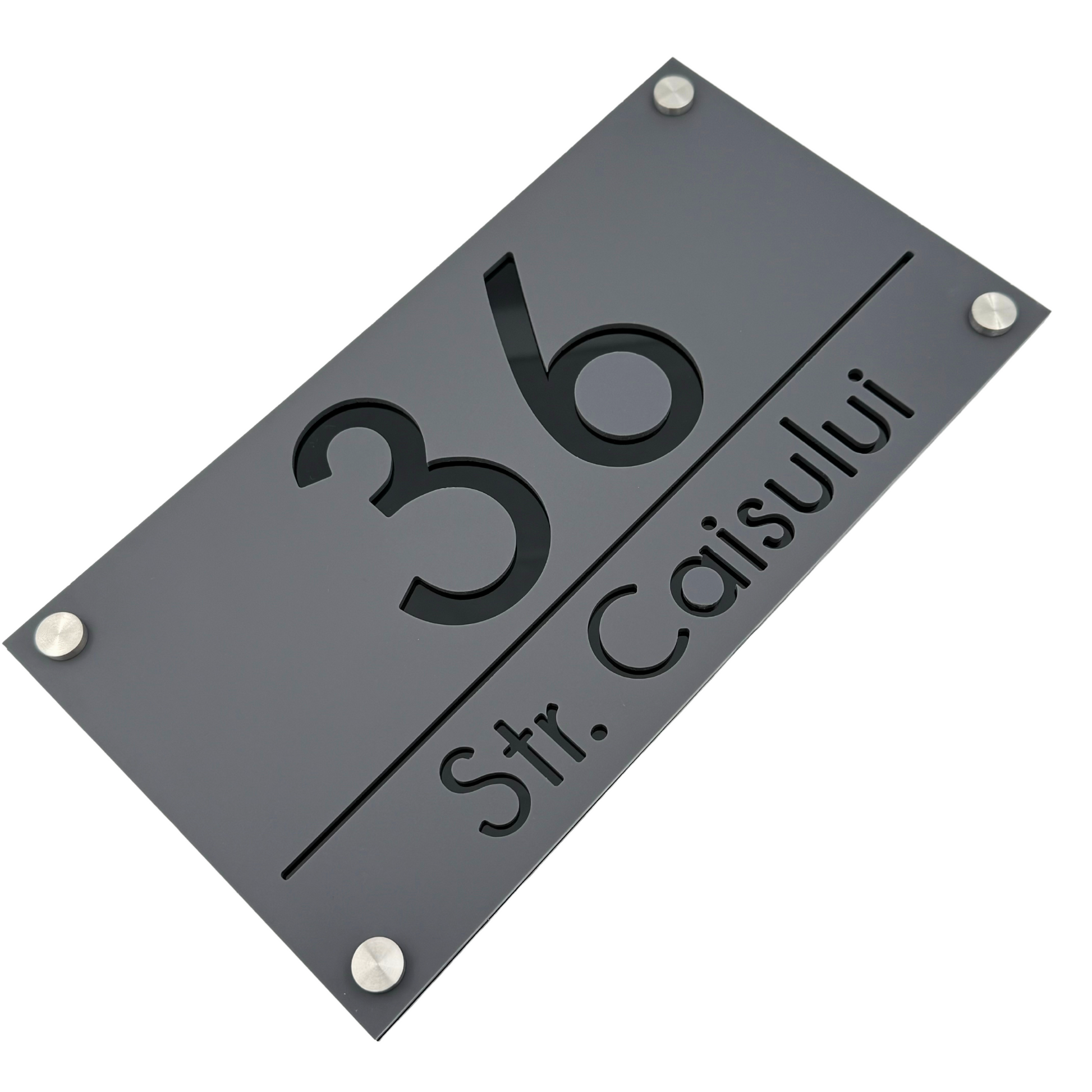 PREMIUM HOUSE NUMBER - Satin Grey Glossy Black 4 Spacers Silver - 28×15 cm