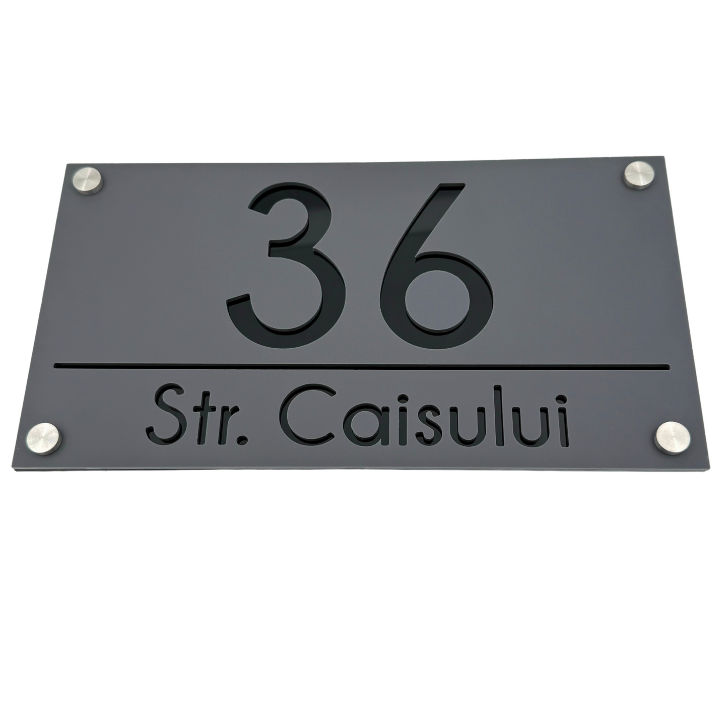 PREMIUM HOUSE NUMBER - Satin Grey Glossy Black 4 Spacers Silver - 28×15 cm