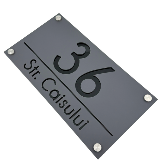 PREMIUM HOUSE NUMBER - Satin Grey Glossy Black 4 Spacers Silver - 28×15 cm