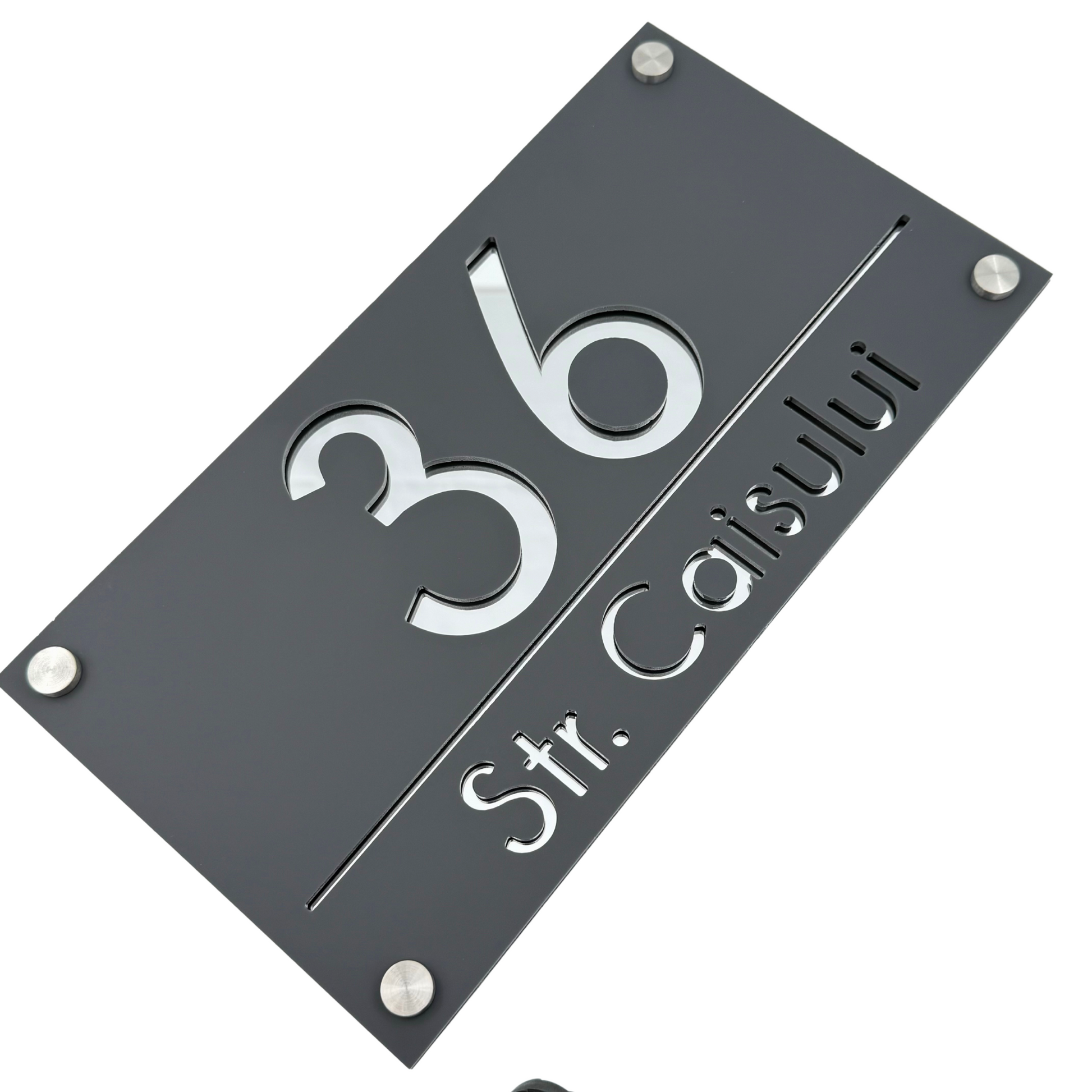 PREMIUM HOUSE NUMBER - Satin Grey Silver Mirror 4 Spacers Silver - 28×15 cm