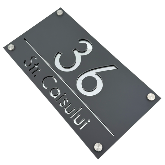 PREMIUM HOUSE NUMBER - Satin Grey Silver Mirror 4 Spacers Silver - 28×15 cm