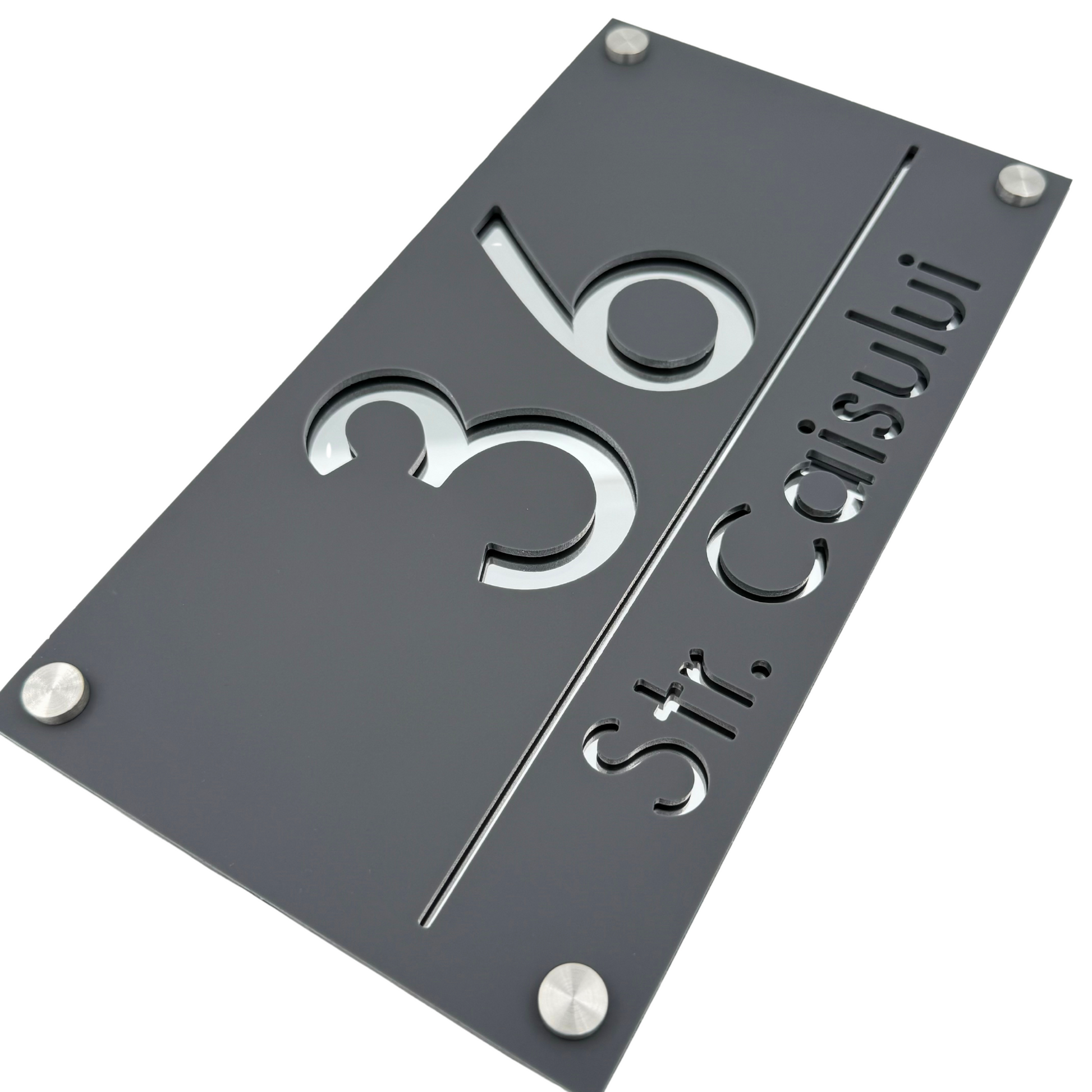 PREMIUM HOUSE NUMBER - Satin Grey Silver Mirror 4 Spacers Silver - 28×15 cm