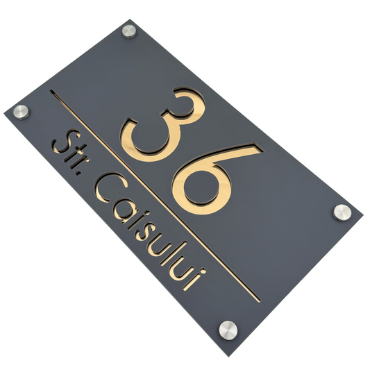 PREMIUM HOUSE NUMBER - Satin Grey Gold Mirror 4 Spacers Silver - 28×15 cm