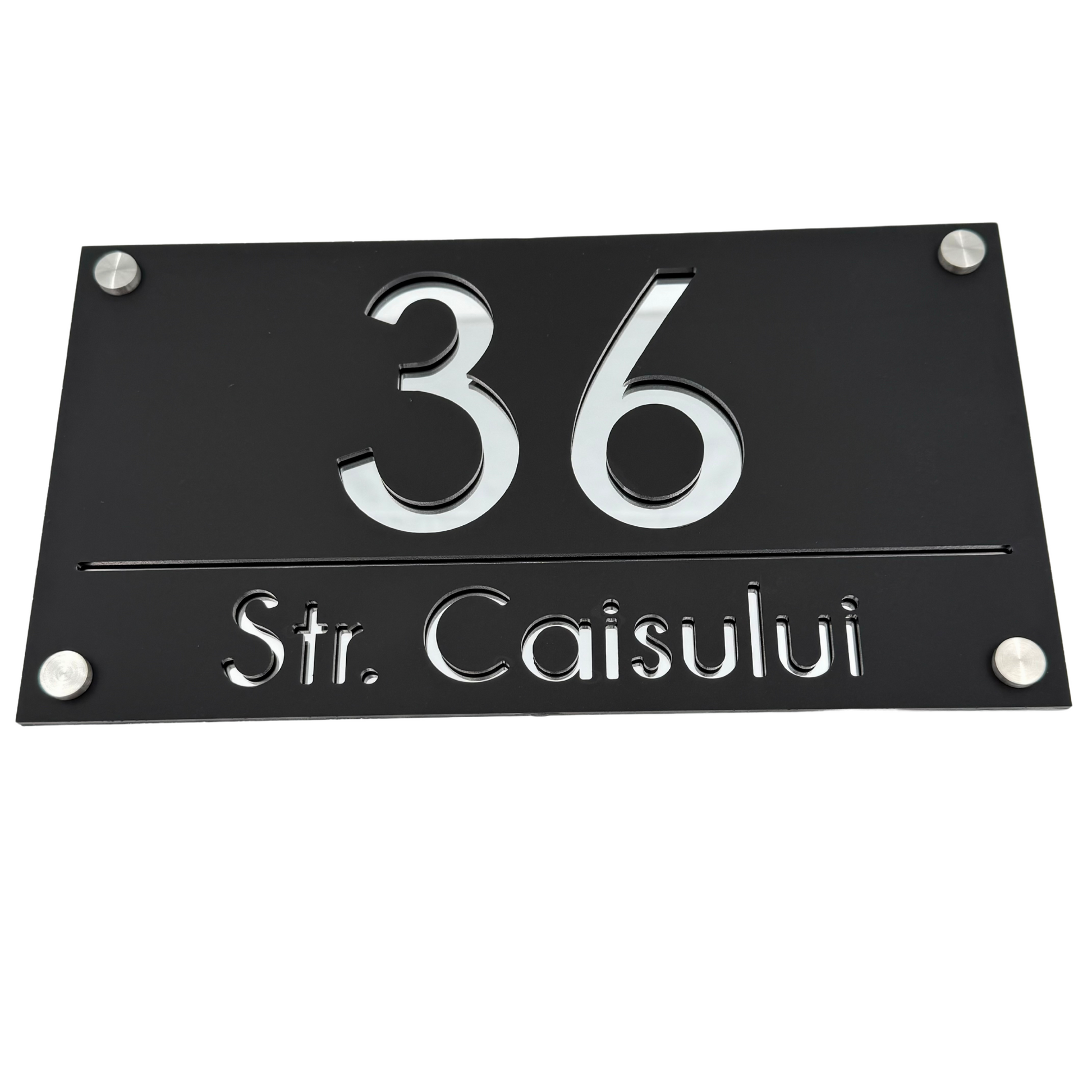 PREMIUM HOUSE NUMBER - Satin Black Silver Mirror 4 Spacers Silver - 28×15 cm