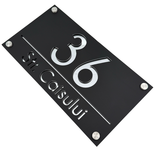 PREMIUM HOUSE NUMBER - Satin Black Silver Mirror 4 Spacers Silver - 28×15 cm