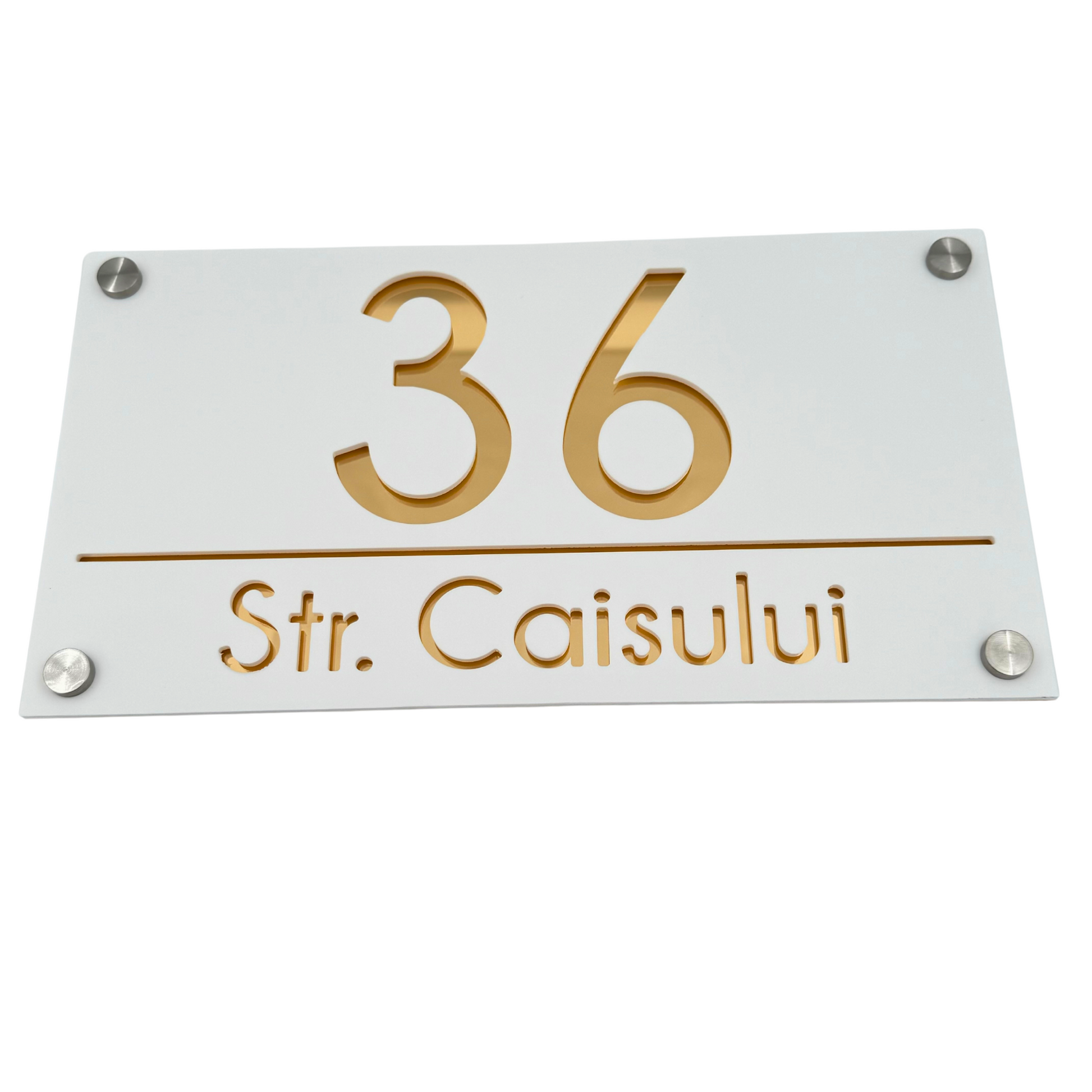PREMIUM HOUSE NUMBER - White Satin Gold Mirror 4 Spacers Silver - 28×15 cm
