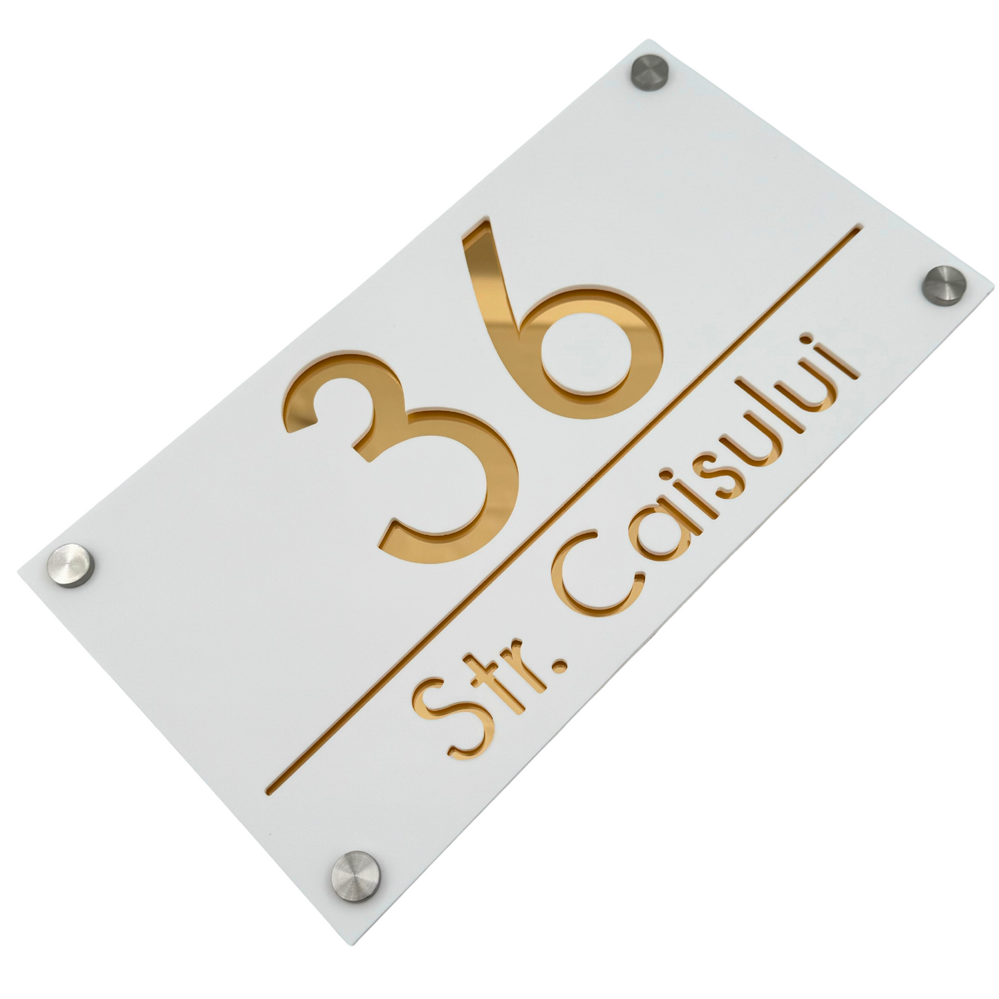 PREMIUM HOUSE NUMBER - White Satin Gold Mirror 4 Spacers Silver - 28×15 cm