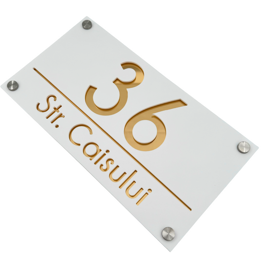 PREMIUM HOUSE NUMBER - White Satin Gold Mirror 4 Spacers Silver - 28×15 cm