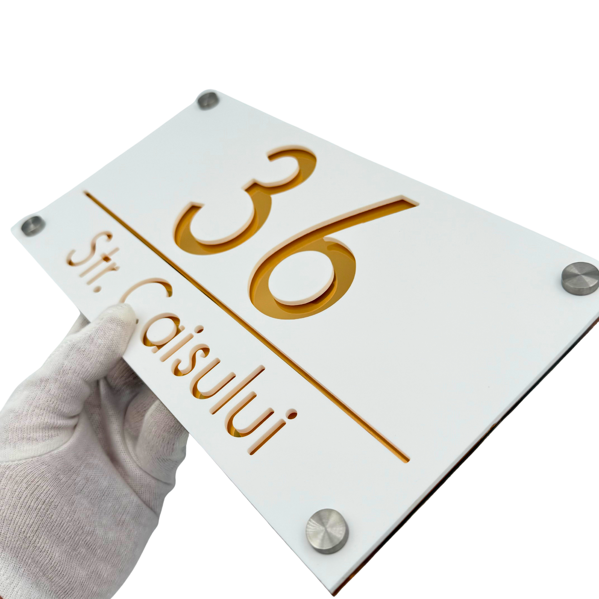 PREMIUM HOUSE NUMBER - White Satin Gold Mirror 4 Spacers Silver - 28×15 cm