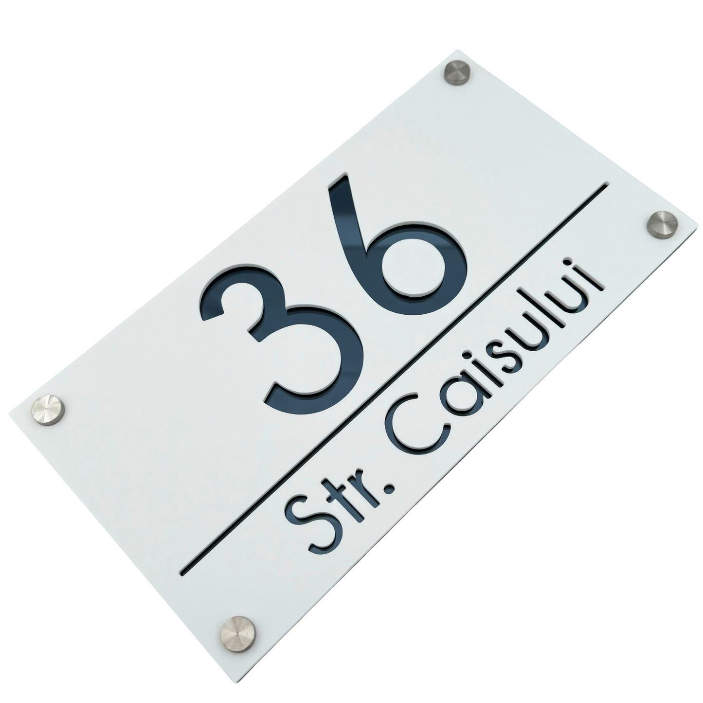 PREMIUM HOUSE NUMBER - White Satin Anthracite Grey Mirror 4 Spacers Silver - 28×15 cm