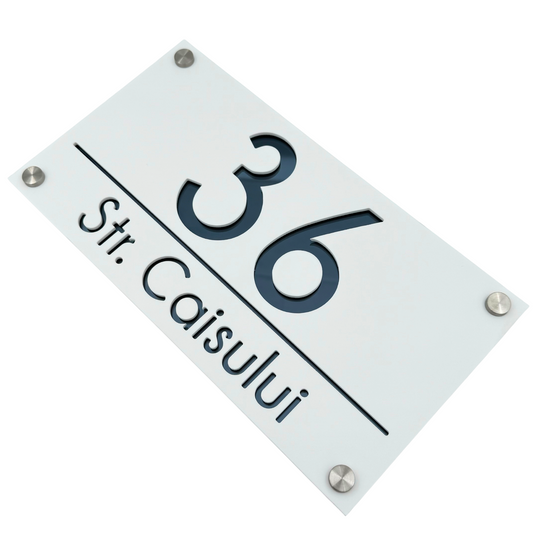 PREMIUM HOUSE NUMBER - White Satin Anthracite Grey Mirror 4 Spacers Silver - 28×15 cm