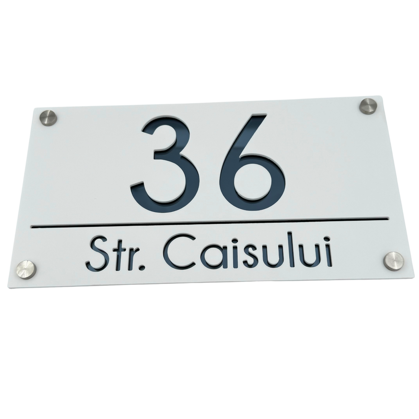 PREMIUM HOUSE NUMBER - White Satin Anthracite Grey Mirror 4 Spacers Silver - 28×15 cm