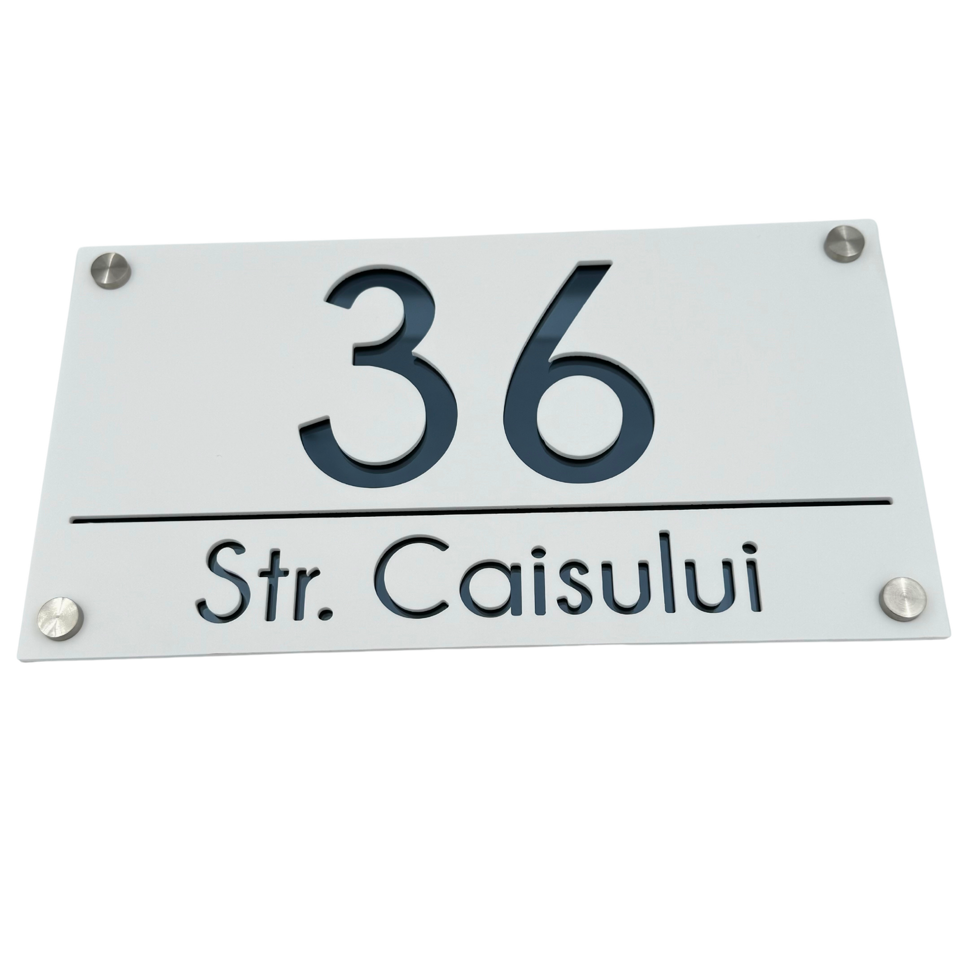 PREMIUM HOUSE NUMBER - White Satin Anthracite Grey Mirror 4 Spacers Silver - 28×15 cm