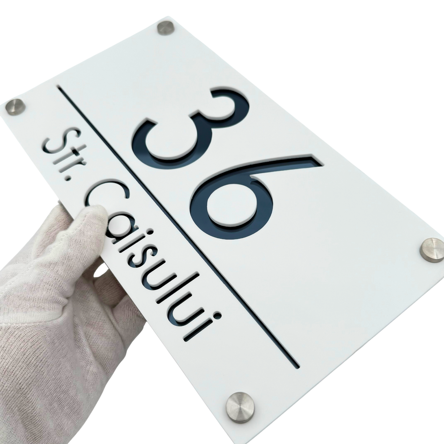 PREMIUM HOUSE NUMBER - White Satin Anthracite Grey Mirror 4 Spacers Silver - 28×15 cm
