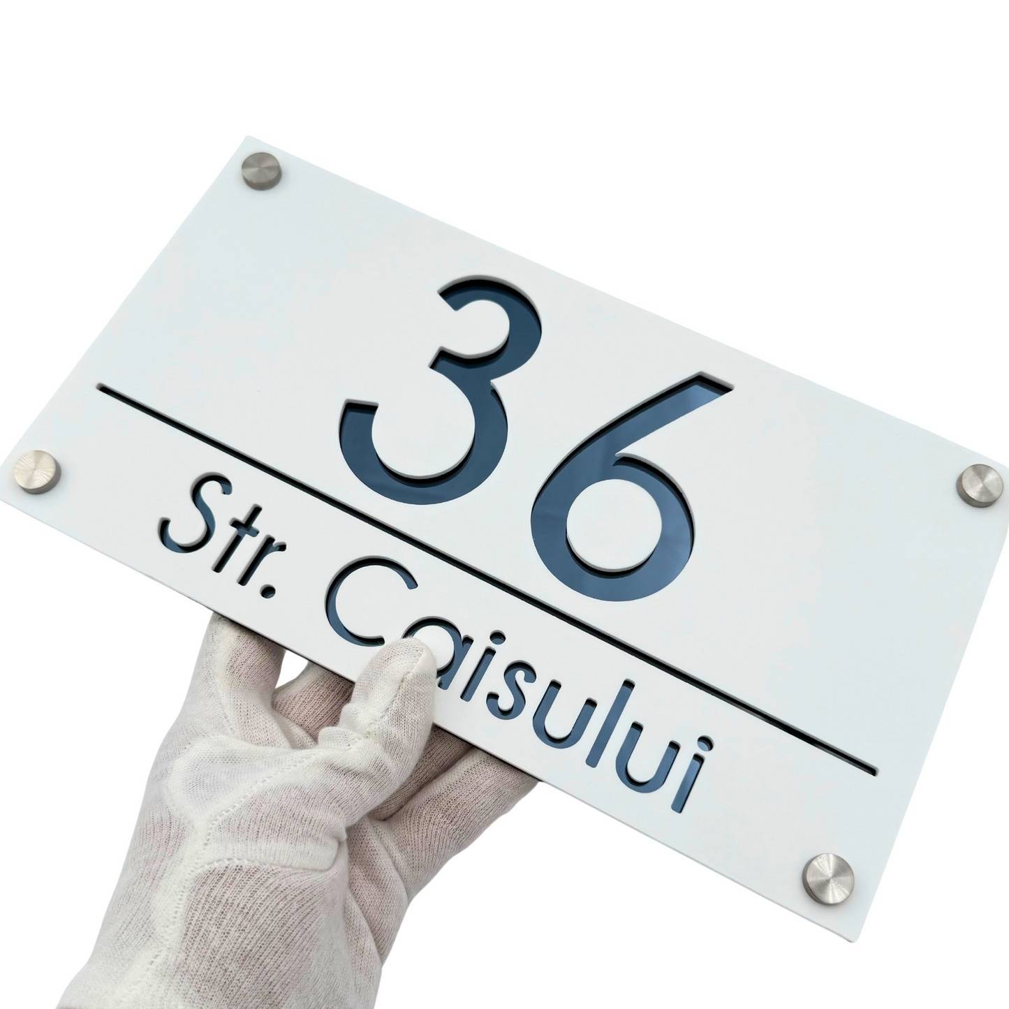 PREMIUM HOUSE NUMBER - White Satin Anthracite Grey Mirror 4 Spacers Silver - 28×15 cm
