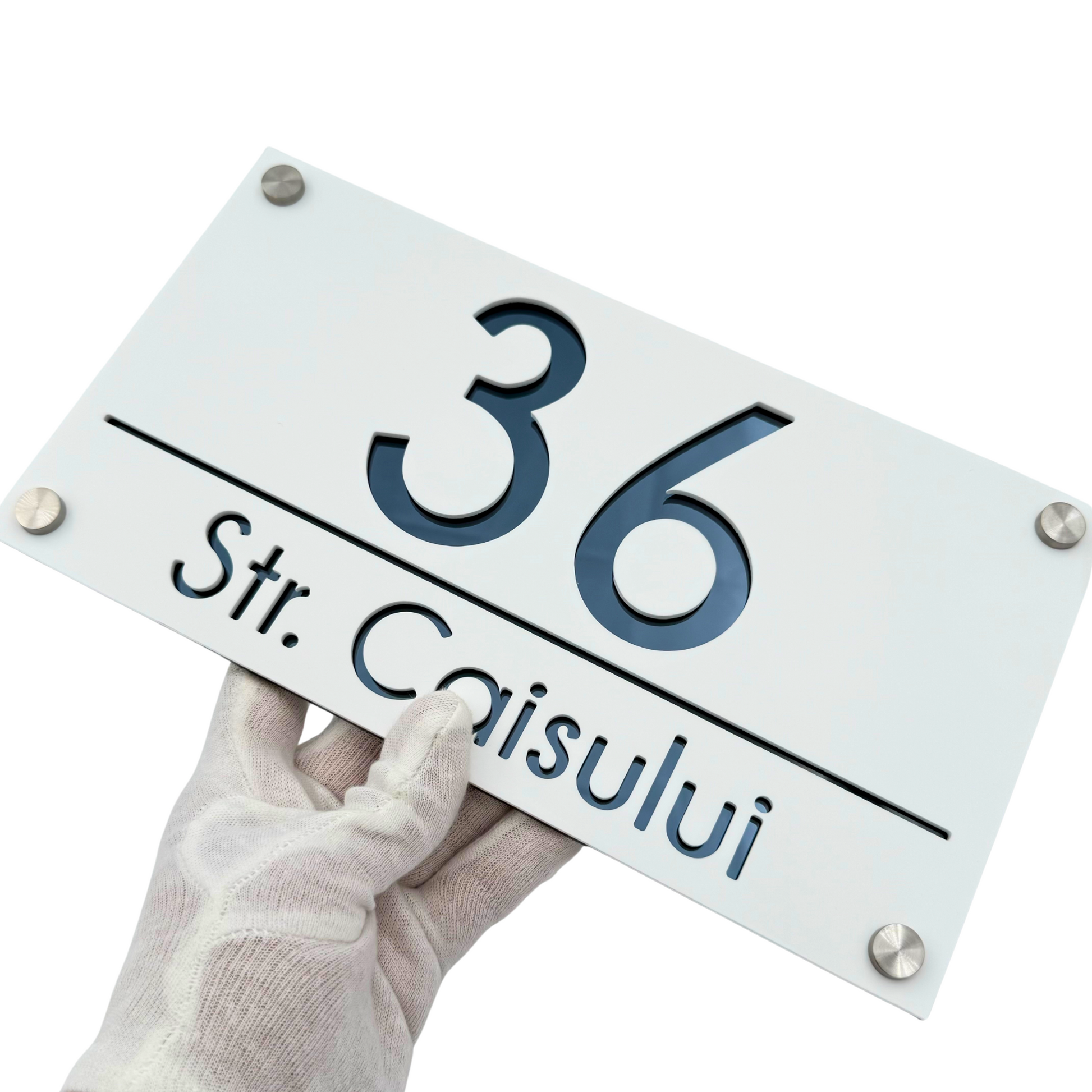 PREMIUM HOUSE NUMBER - White Satin Anthracite Grey Mirror 4 Spacers Silver - 28×15 cm