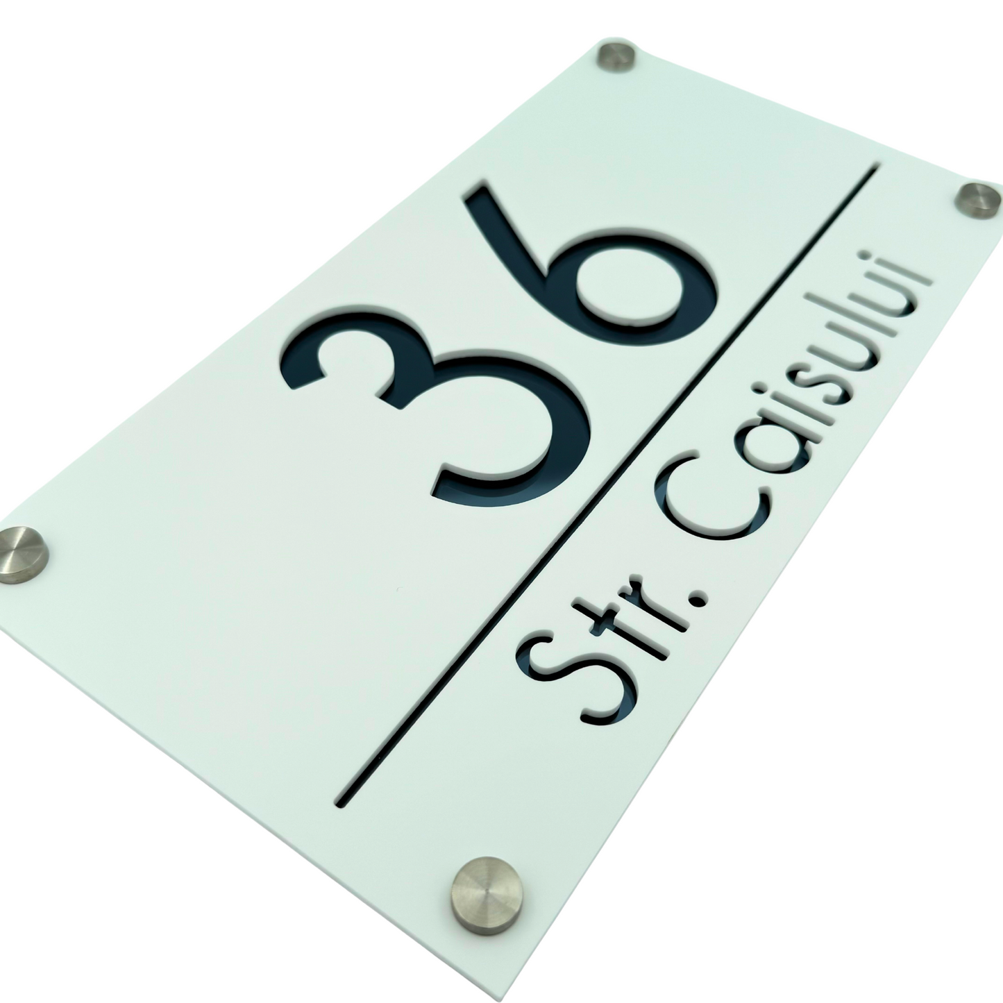 PREMIUM HOUSE NUMBER - White Satin Anthracite Grey Mirror 4 Spacers Silver - 28×15 cm