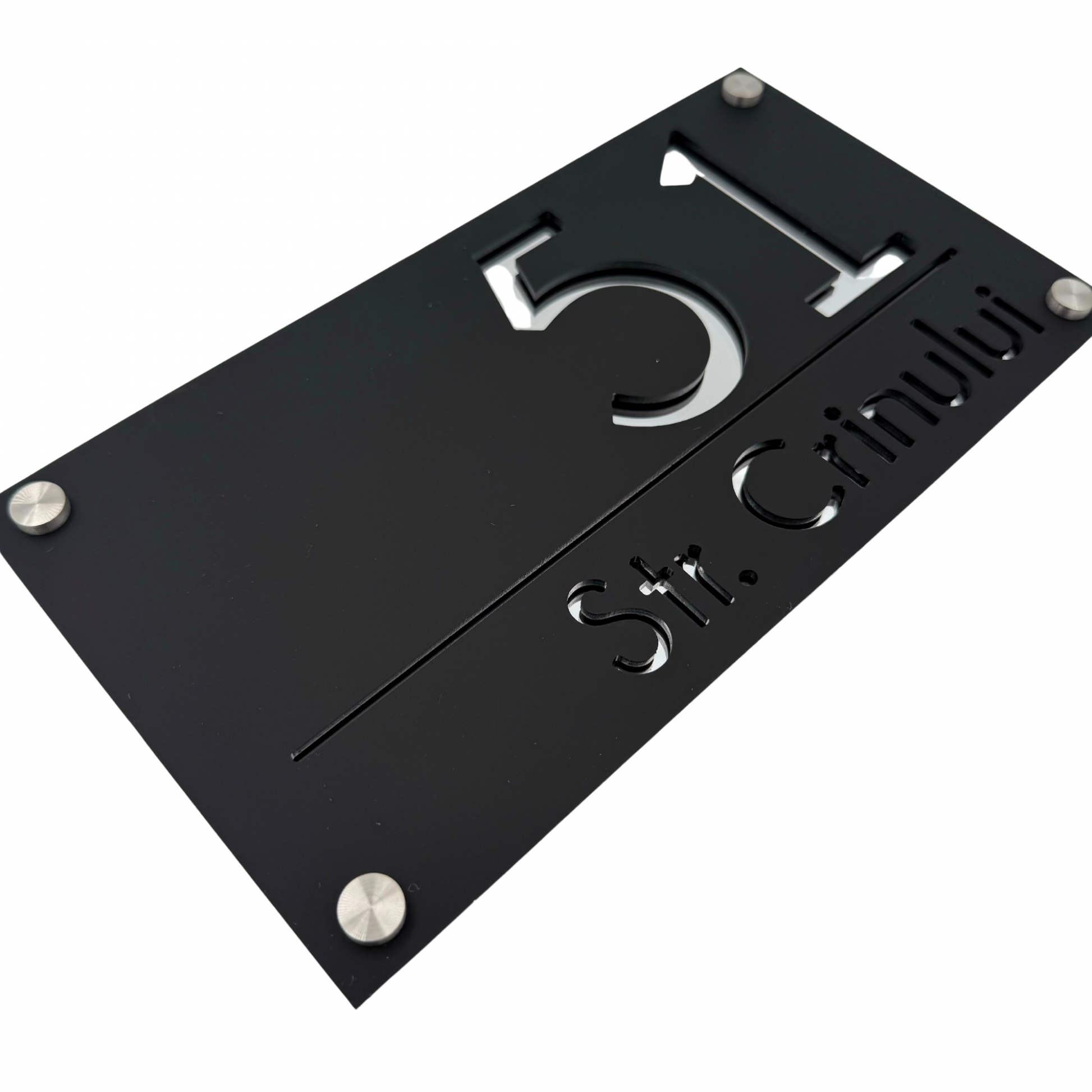 PREMIUM HOUSE NUMBER - Satin Black Silver Mirror 4 Spacers Silver - 28×15 cm