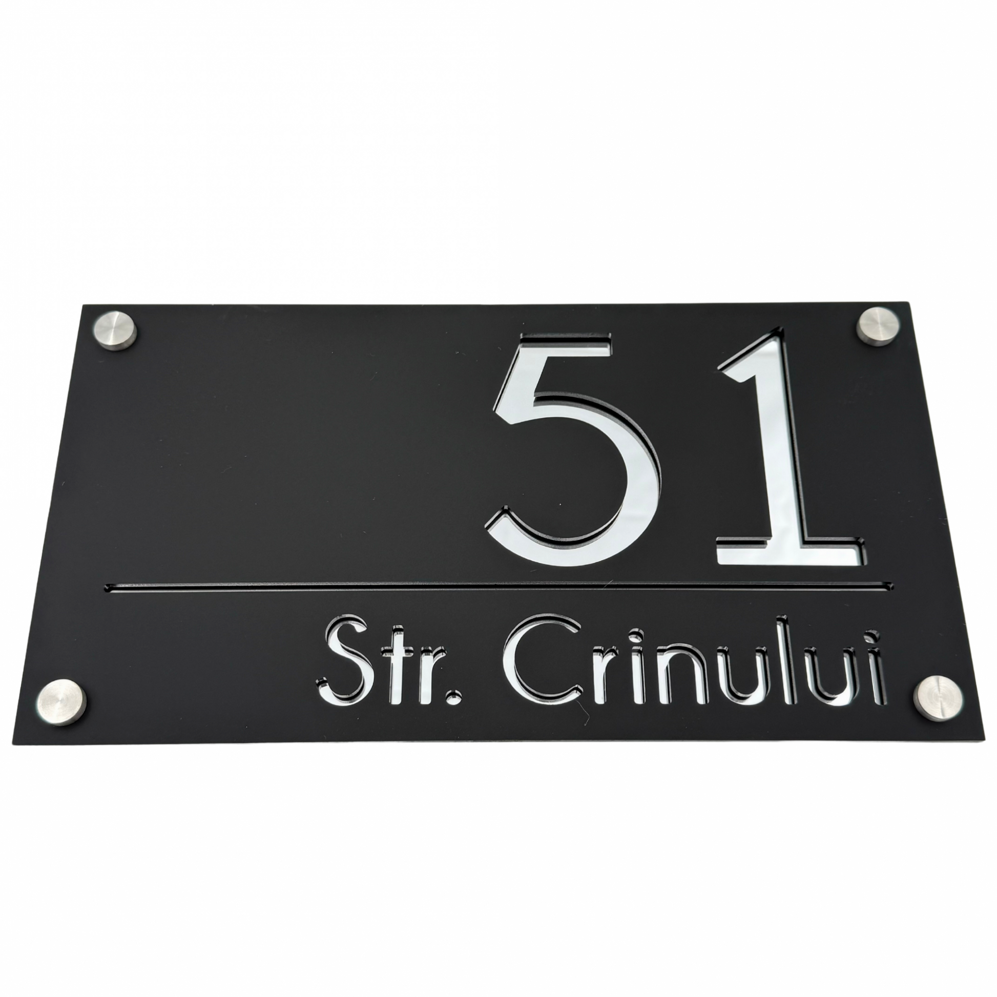 PREMIUM HOUSE NUMBER - Satin Black Silver Mirror 4 Spacers Silver - 28×15 cm